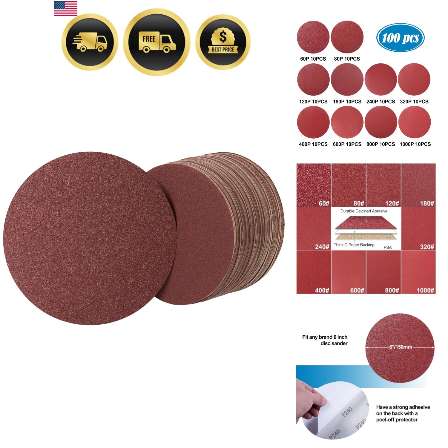 PSA Sanding Discs 6 Inch 100 PCS 60 80 120 180 240 320 400 600 800 1000 Grit …