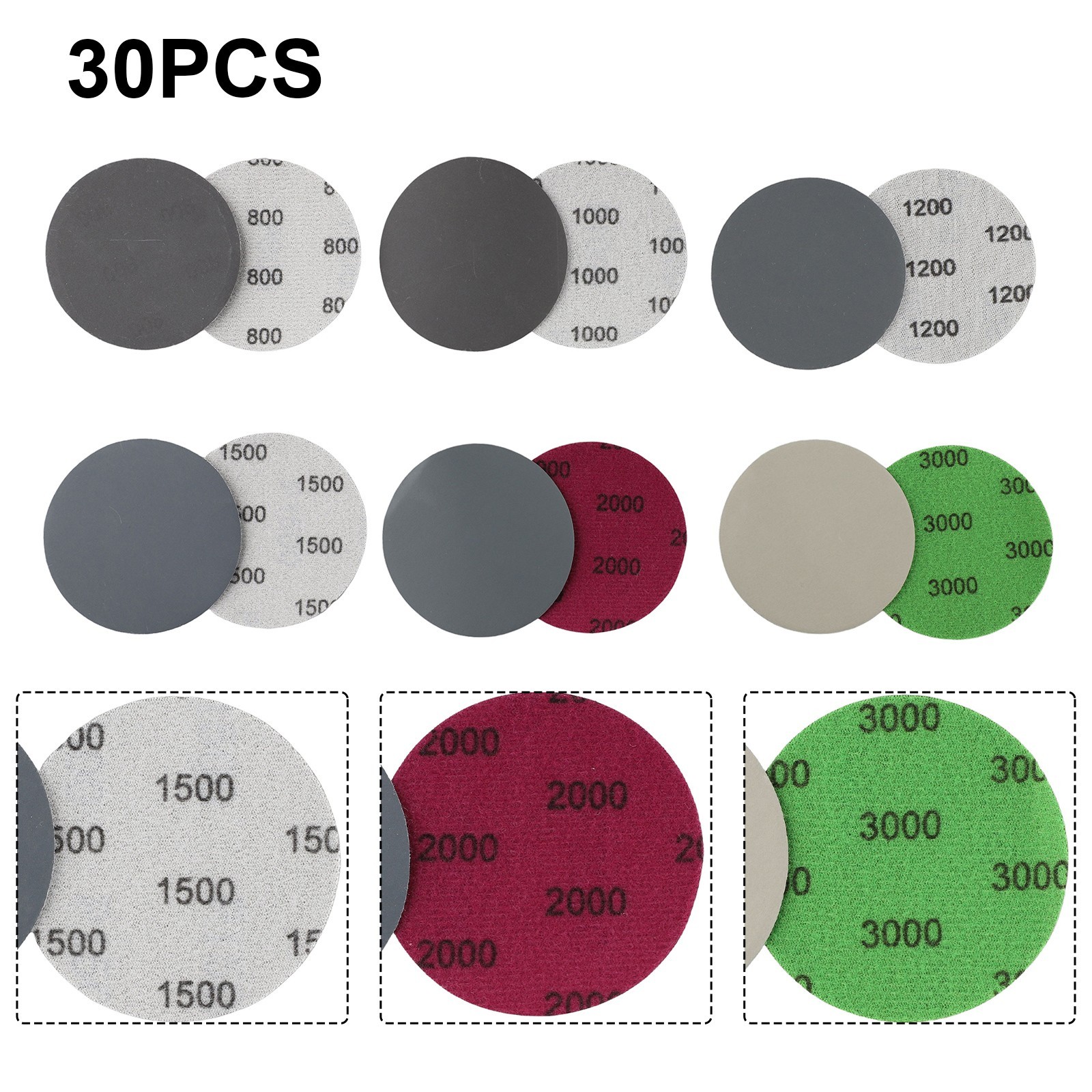30pcs 3″ 75mm Hook&Loop Wet/Dry 800 1000 1200 1500 3000 Grit Sanding Discs New
