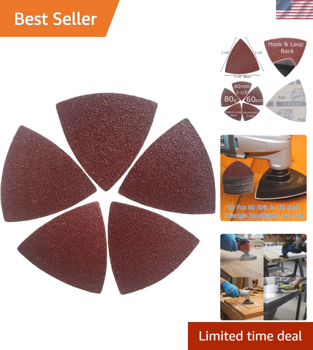 60 Pcs 80 Grits 3-1/8 Inch 80mm Triangle Oscillating Tool Sandpaper