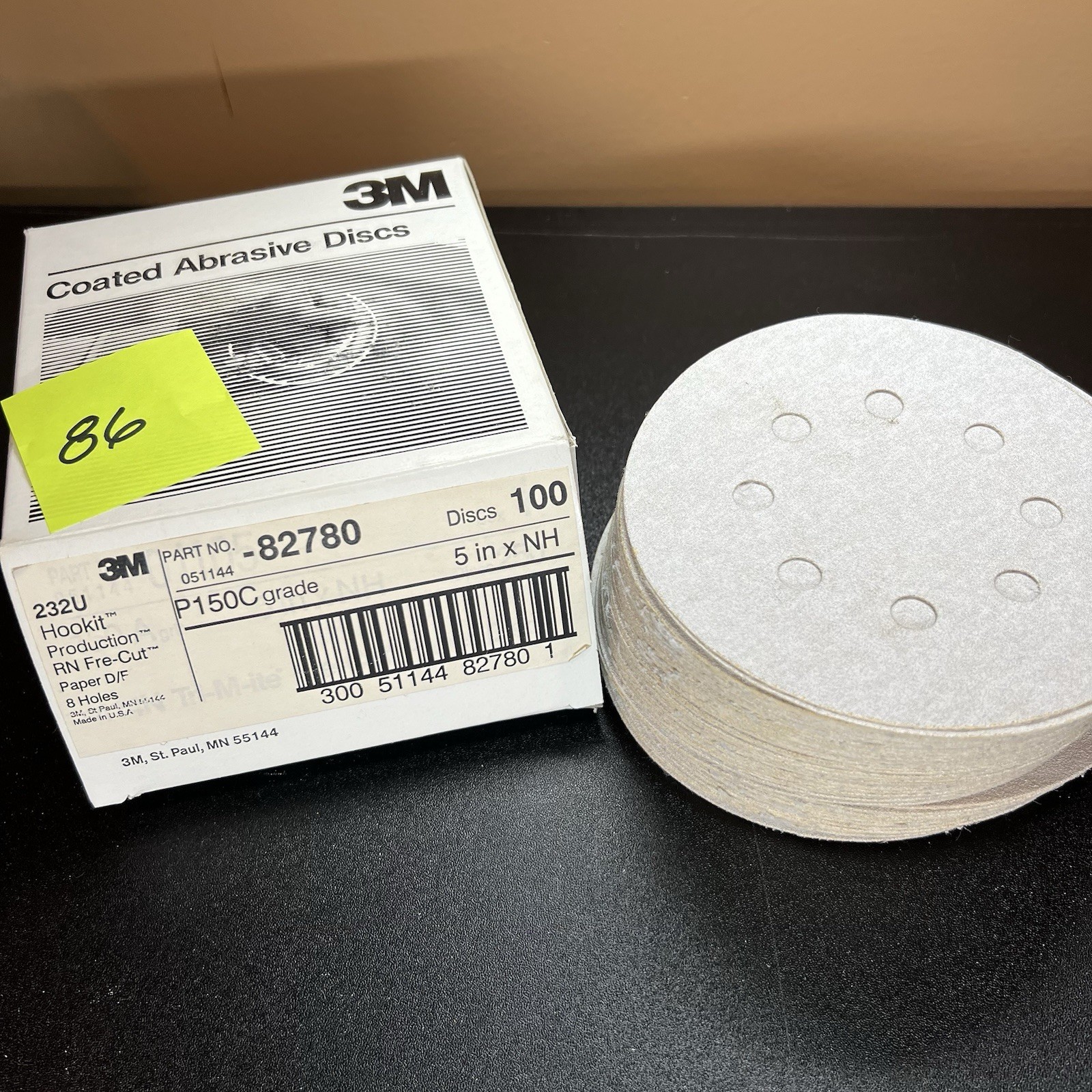 3M Abrasive Discs #82780, 232U Hookit RN Fre-Cut P150C 5″xNH, NOS box of 86/100