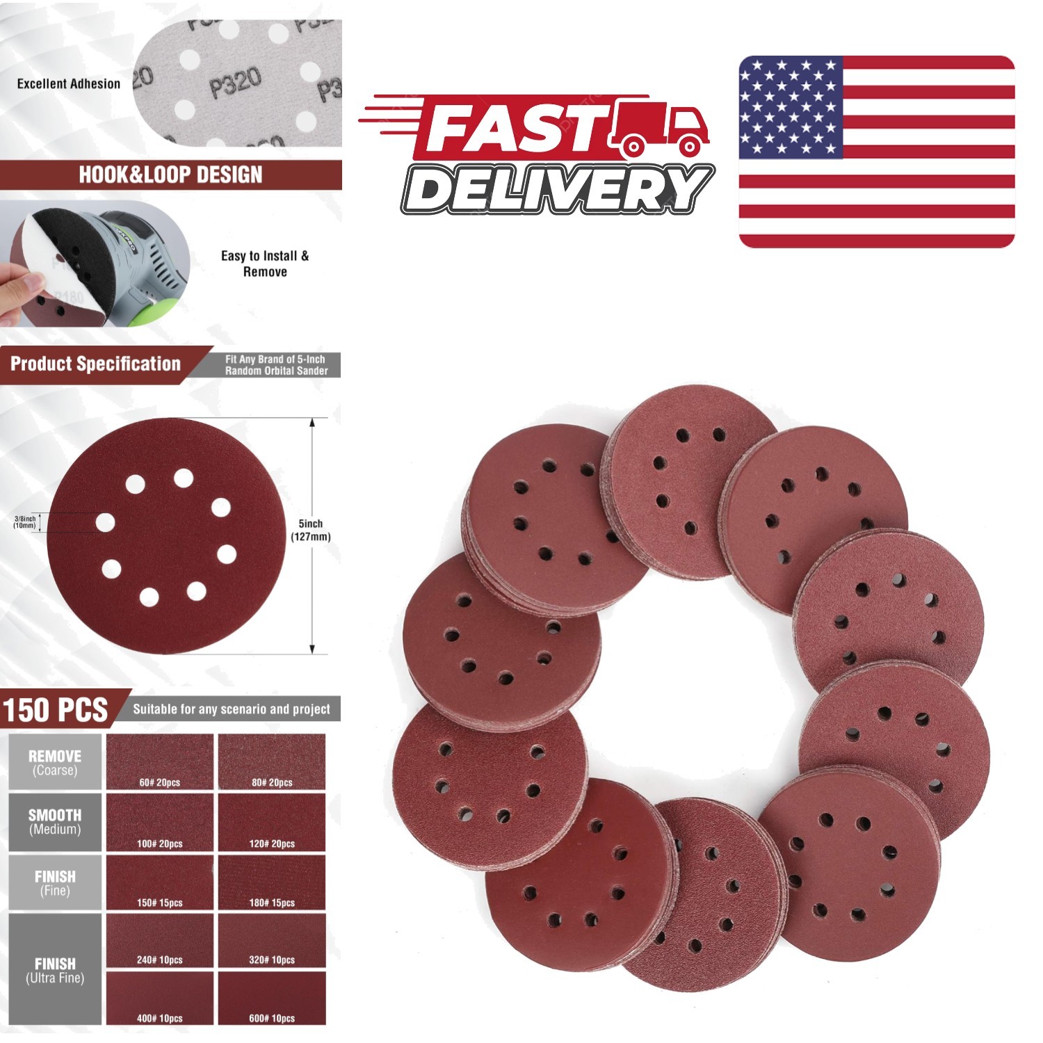 5 Inch Sanding Discs Set 150 Pieces 10 Grits Aluminum Oxide for Various Surfaces
