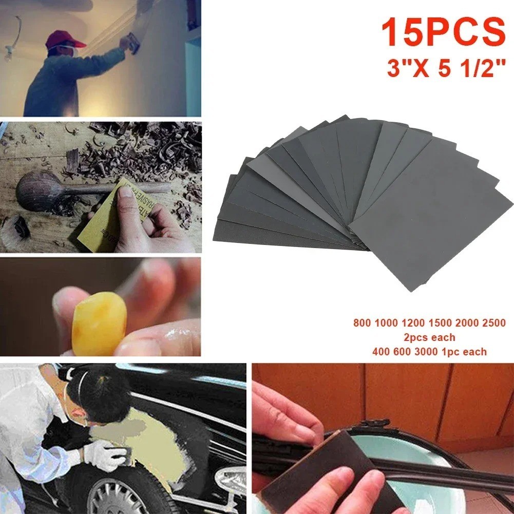 15PCS Sandpaper 400/3000 Grit Sand Paper Wet /Dry Sanding Paper Abrasive