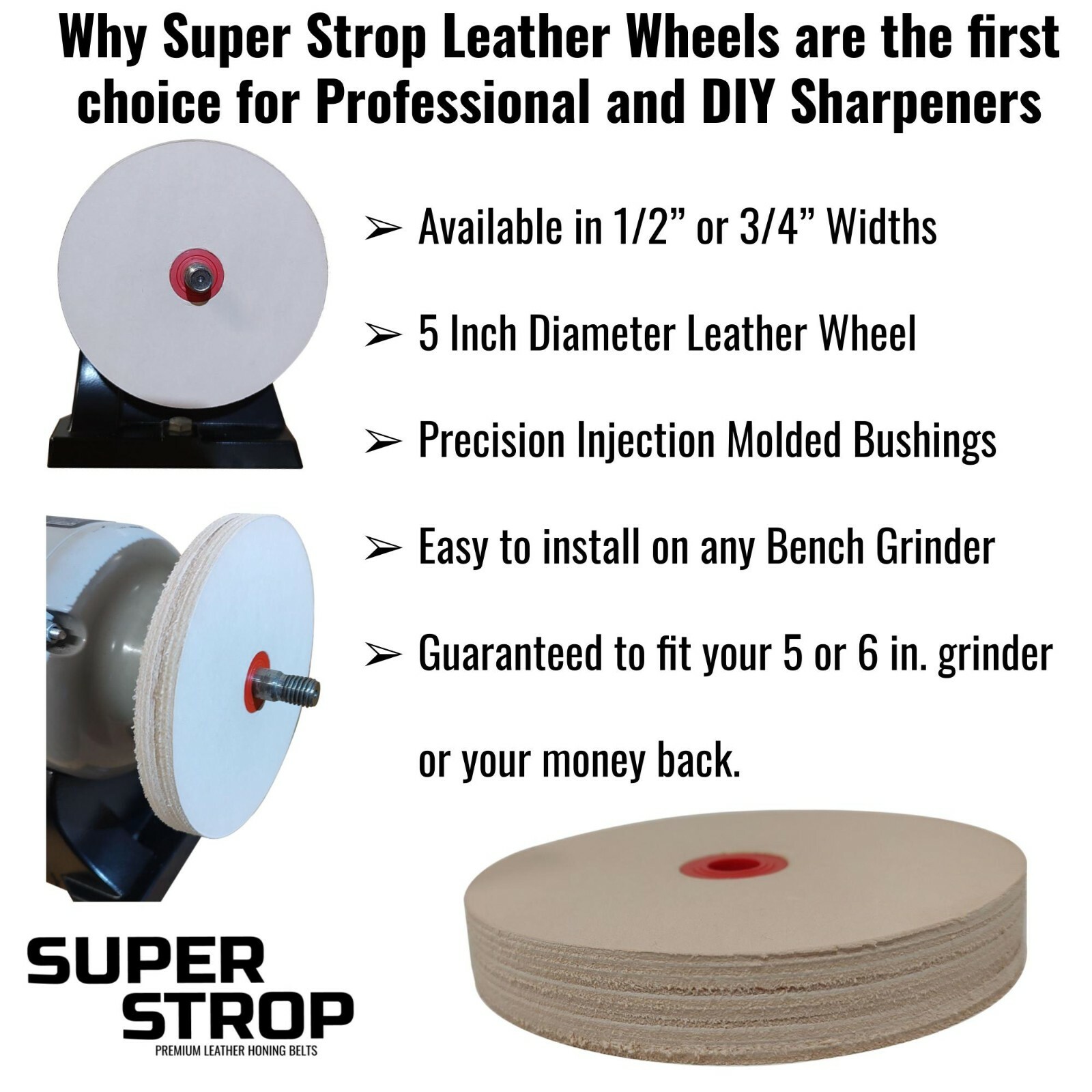5″ (1/2″ Width) Leather Honing Wheel Includes Compound fits Multiple Arbors USA