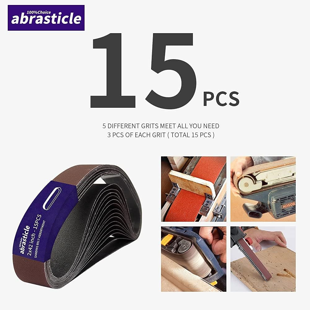 15 Pcs 2 X 42 Inch Assorted Aluminum Oxide Sanding Belt – 80/120/150/240/400 Gri