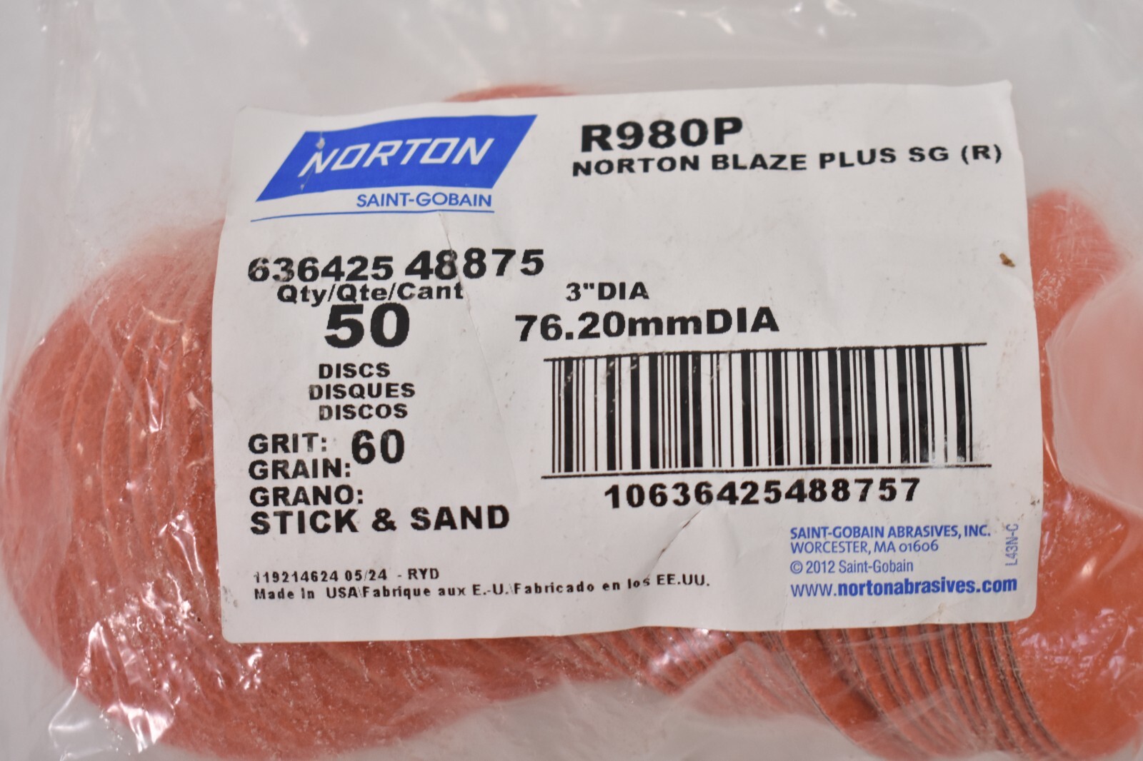 Lot of 50 Norton Saint Gobain Stick & Sand Discs 60 Grit 636425 48875 R980P