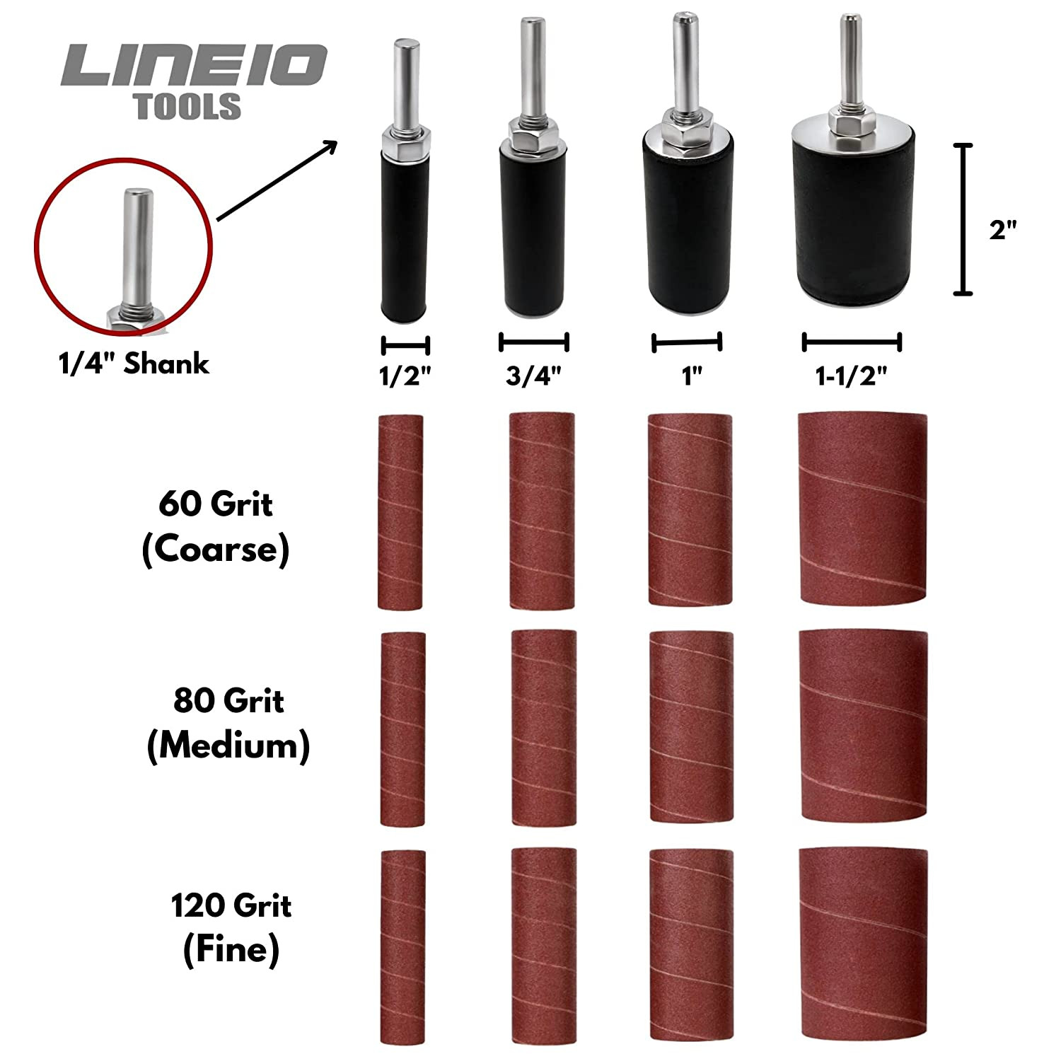 16 Pack Sanding Drum and Sleeves Set for Drill, 2-Inch Long, 60, 8