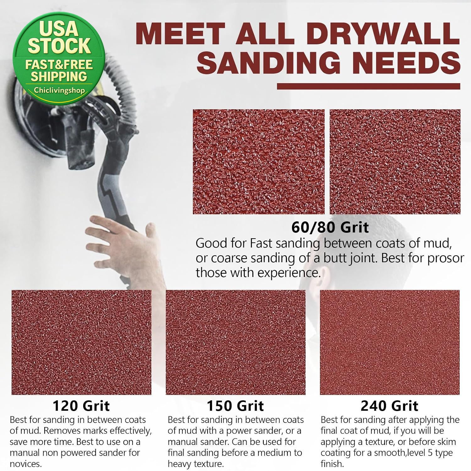 9 Inch 10-Hole Sanding Discs 50 Pack 80 Grit Aluminum Oxide for Drywall Sander