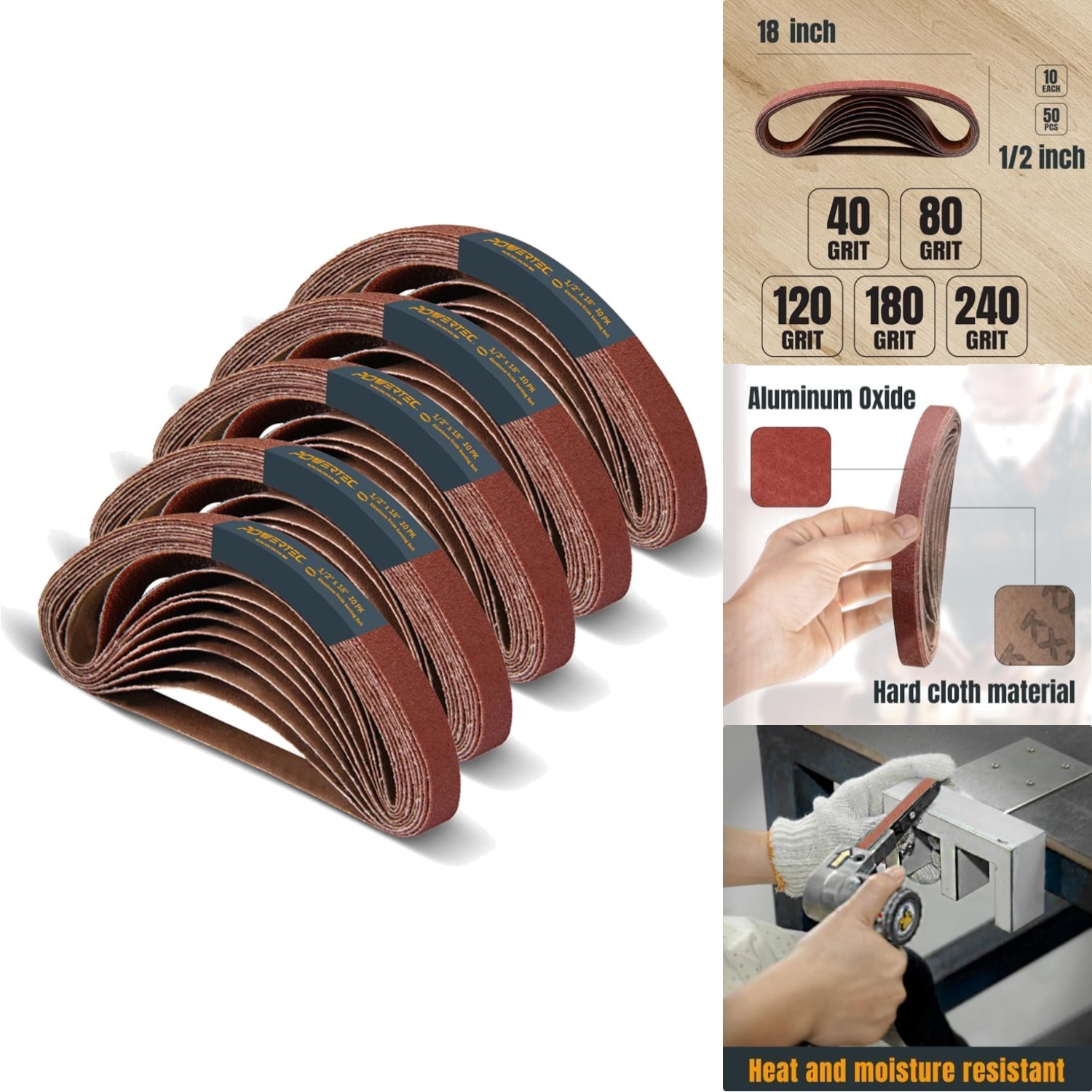 Durable Aluminum Oxide Sanding Belts, 50 Pack, Compatible with Mini Belt Sanders