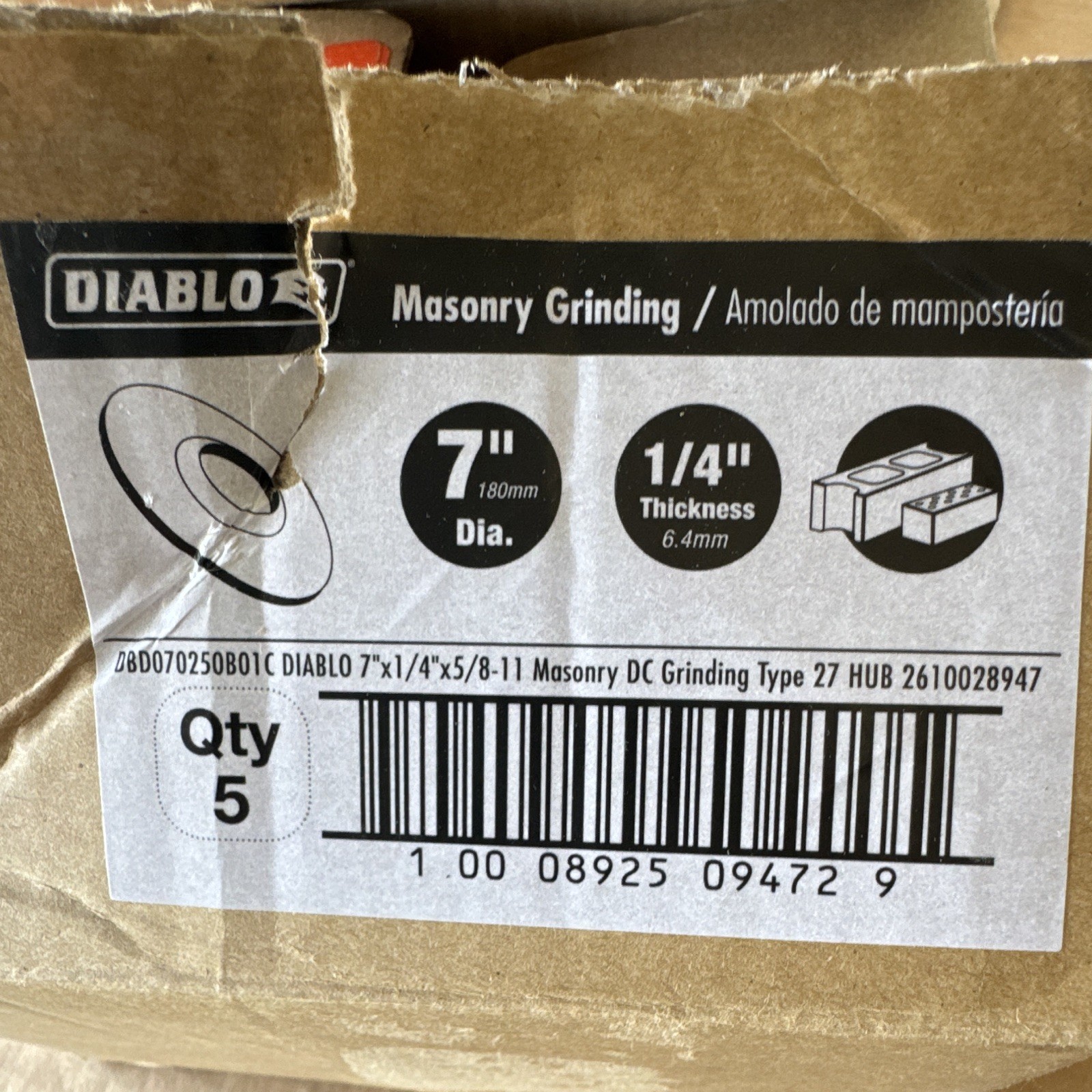 DIABLO Type 27 Masonry Grinding Wheel 7in x 1/4in 5/8-11 Coarse, 5pk