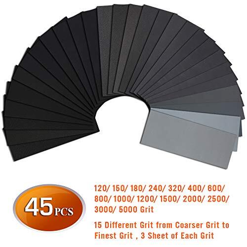 45 Pcs Wet & Dry Sandpaper for Wood Furniture Finishing Metal Sanding Automotive