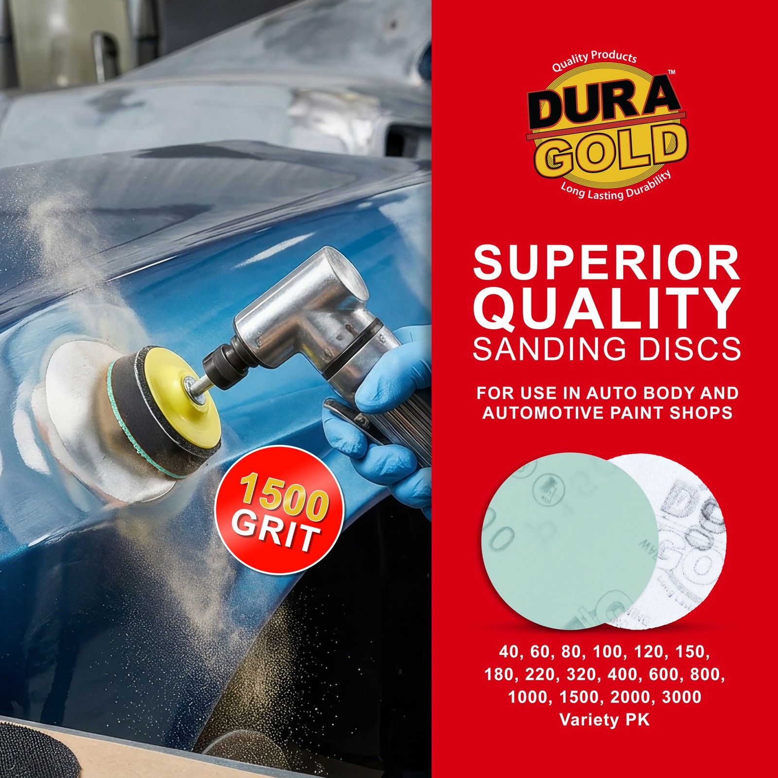 Dura-Gold 1500 Grit 3″ Green Film Hook & Loop Sanding Discs for DA Sanders 30pc