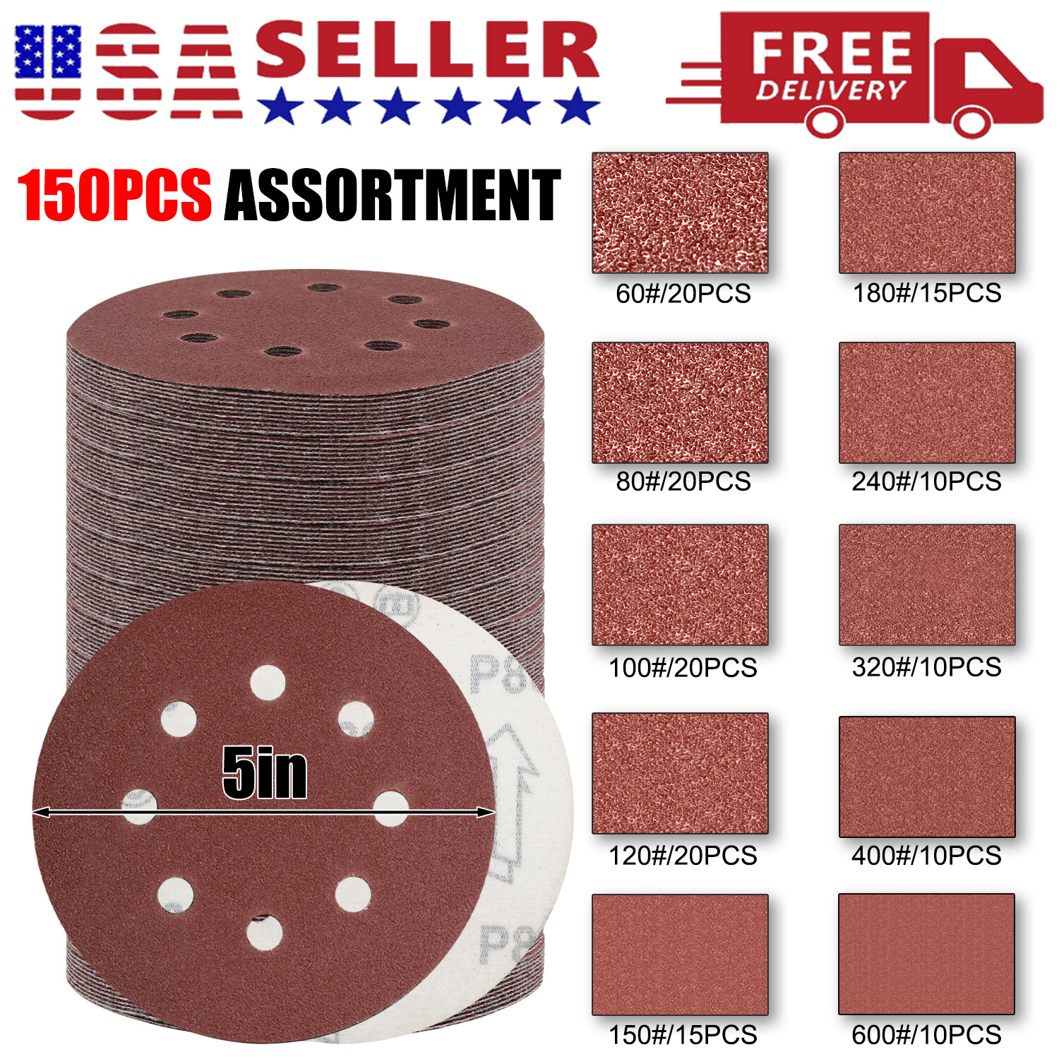 150-PACK 5 inch Sanding Discs 8-Hole Hook Loop Sander Orbital Sandpaper 40 -2000