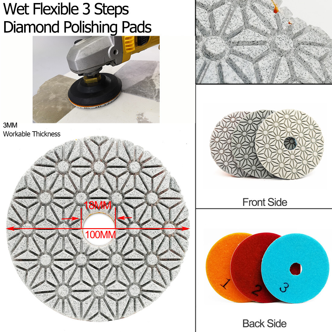 Dia 100mm/4″ 3-Steps Diamond Resin Bond Sanding Discs Wet Polishing Pad marble