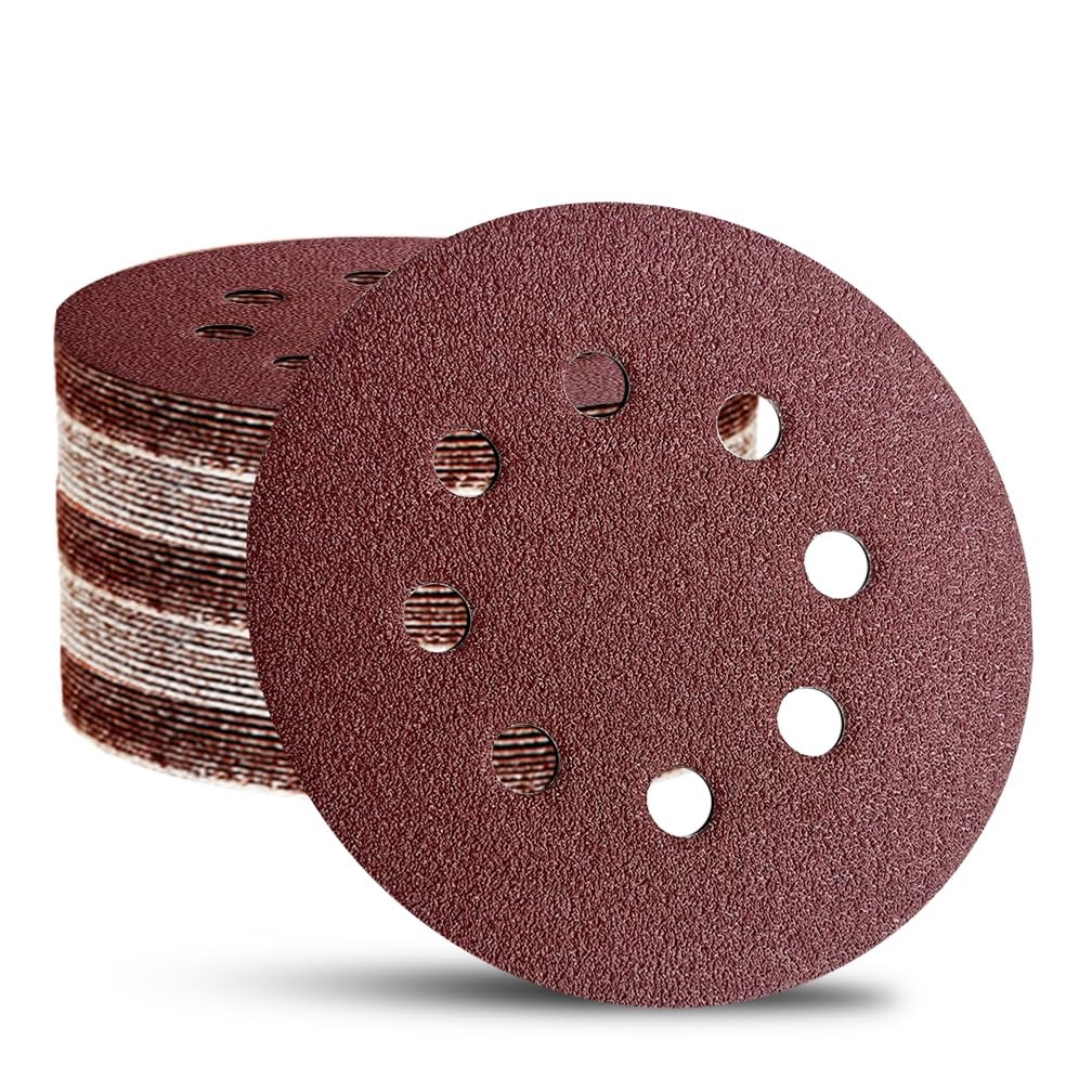 52 Pack 5 Inch 8-Hole Hook and Loop Sanding Discs Sandpaper Red 5 inches