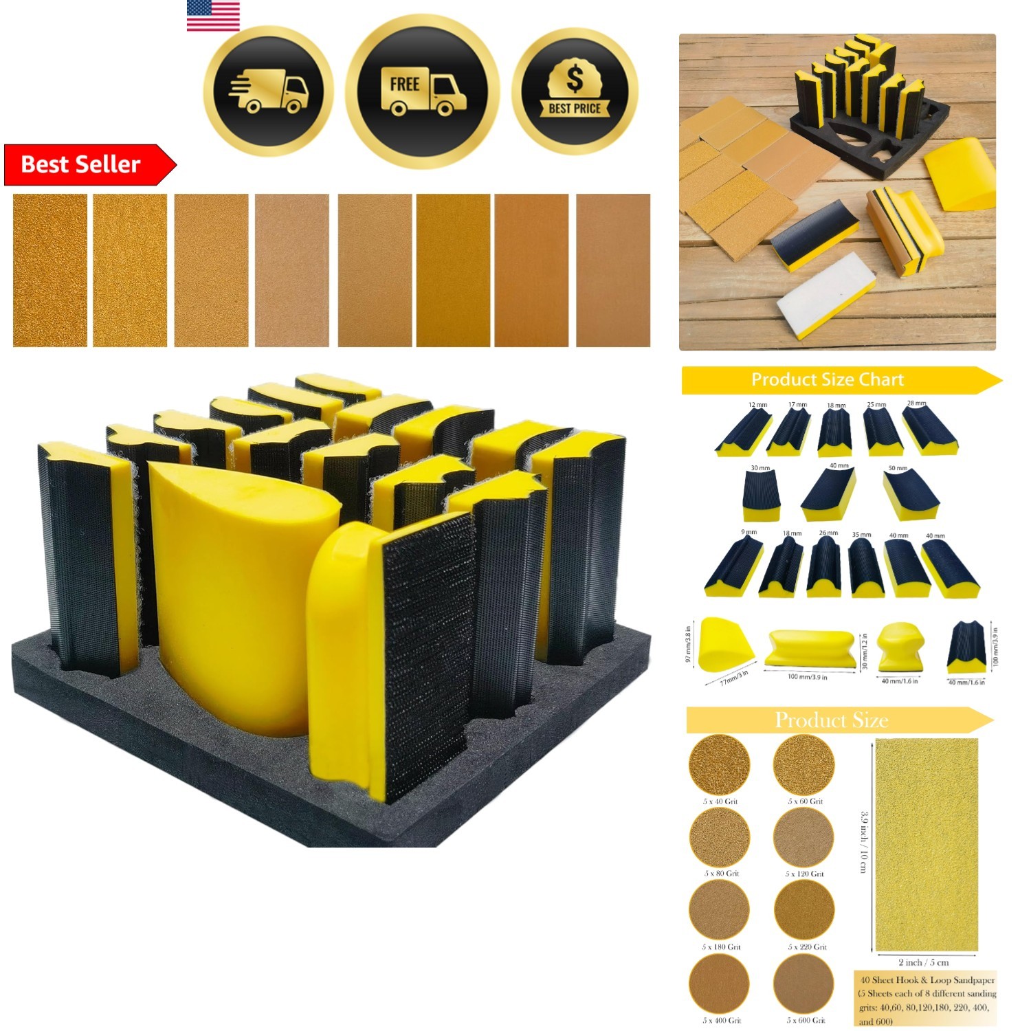 Sanding Block Set 56 PCS Assorted Shapes Sandpaper Kit for Woodwork Crafts Auto