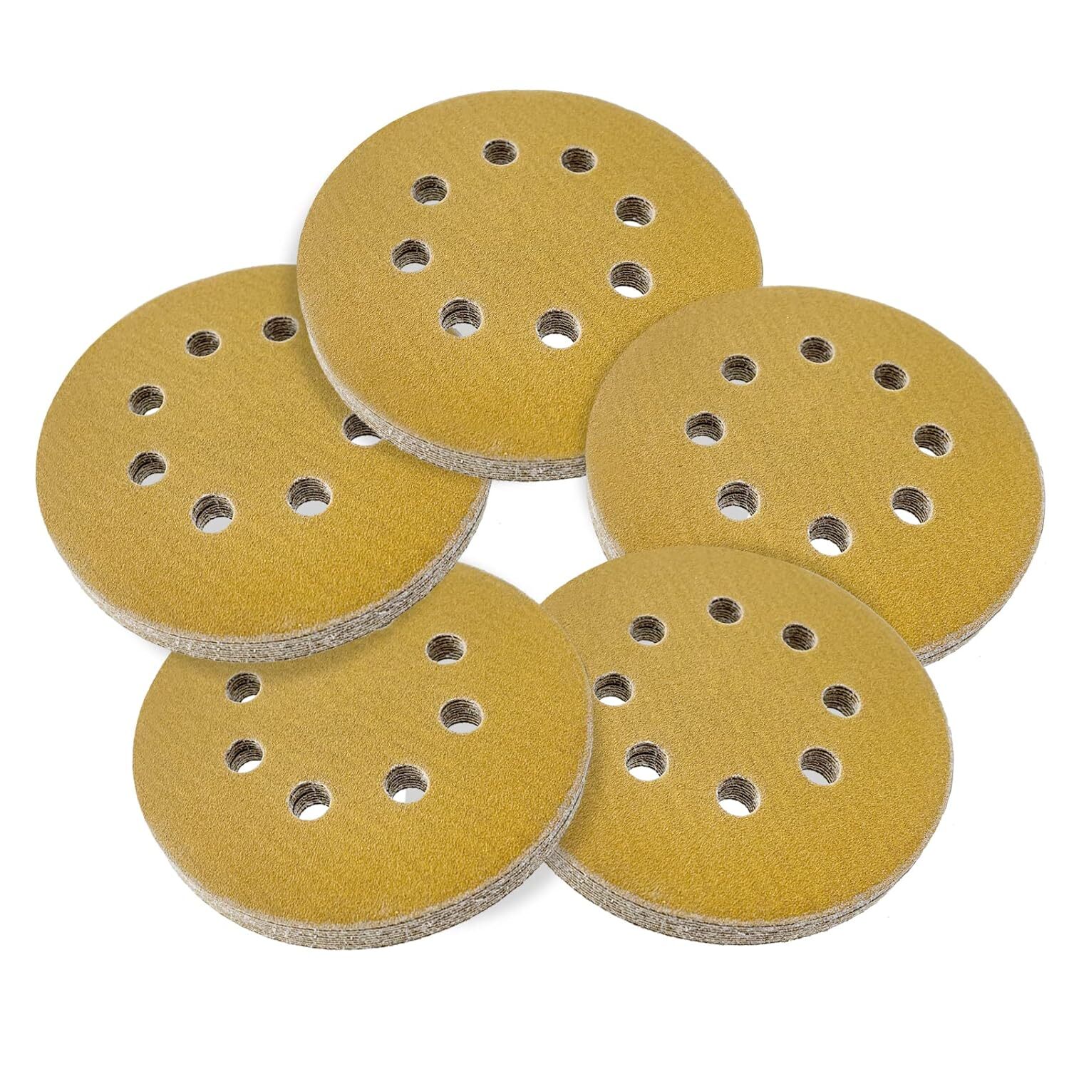200PCS 5 In 8 Hole Gold Sanding Disc Hook Loop100 Grit for Random Orbital Sander