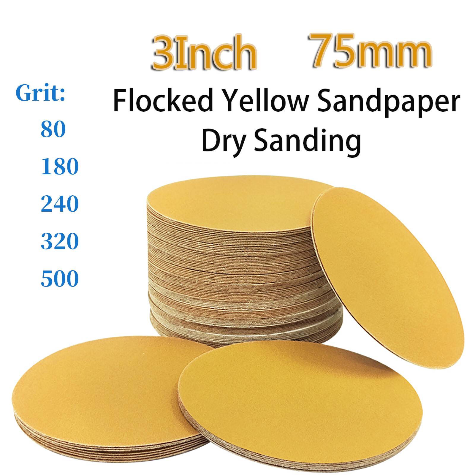 3 Inch 75mm Sanding Discs 80-500 Grit Hook Loop Sandpaper Yellow Dry Grinding
