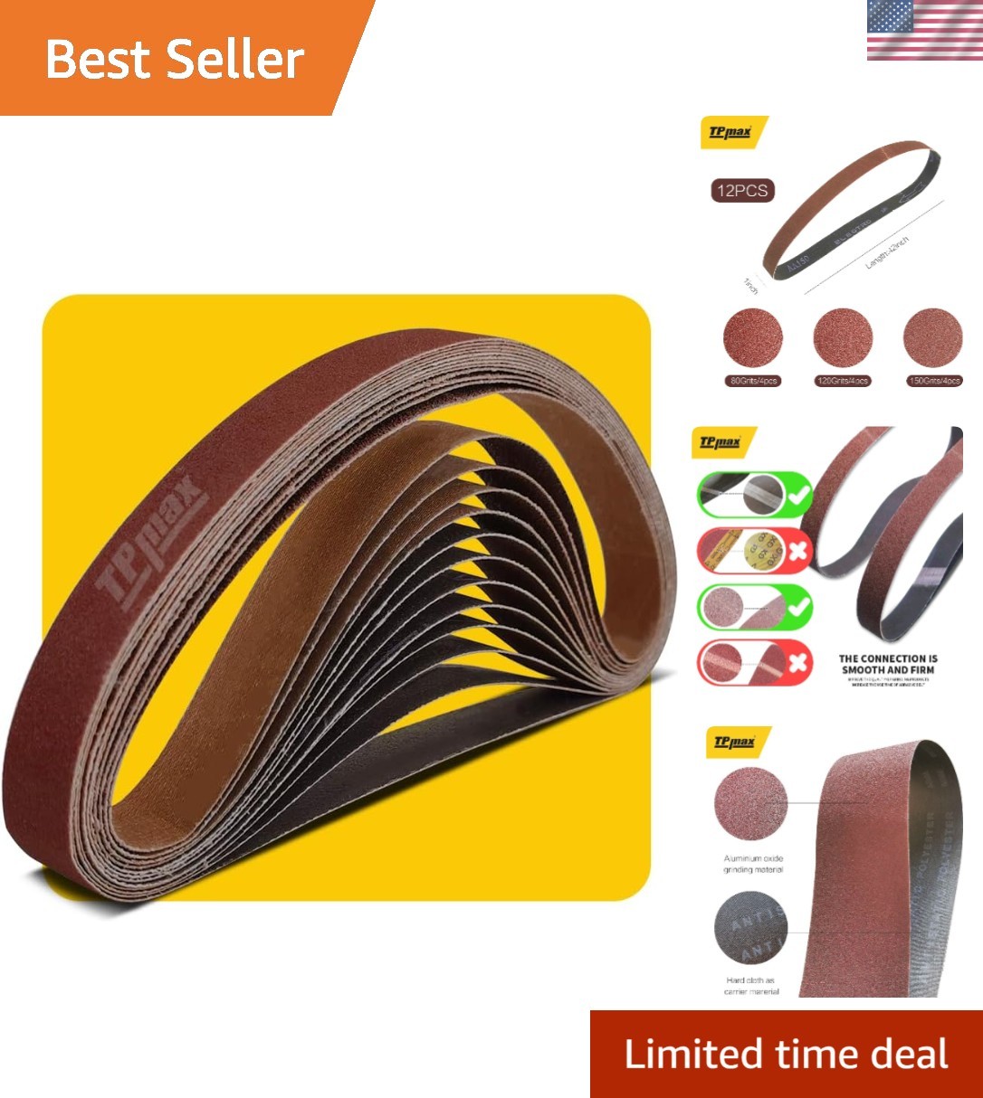 12-Pack 1×42 Inch Aluminum Oxide Sanding Belts – 80, 120, 150 Grit Assortment