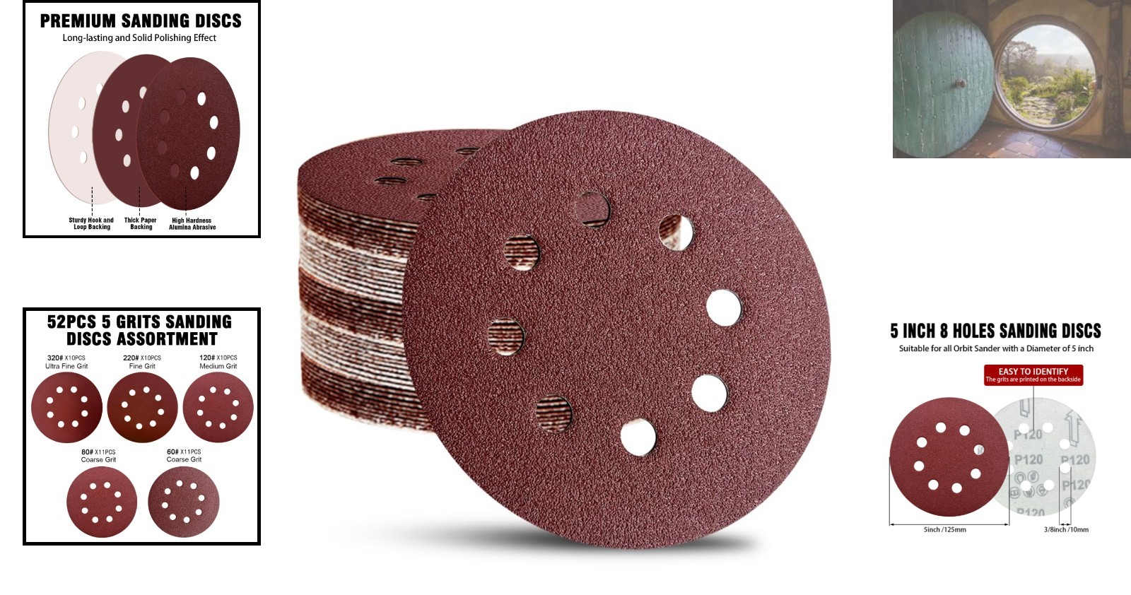 Versatile 52-Pack 5-Inch Sandpaper Discs with Pre-Punched Holes for Easy Use