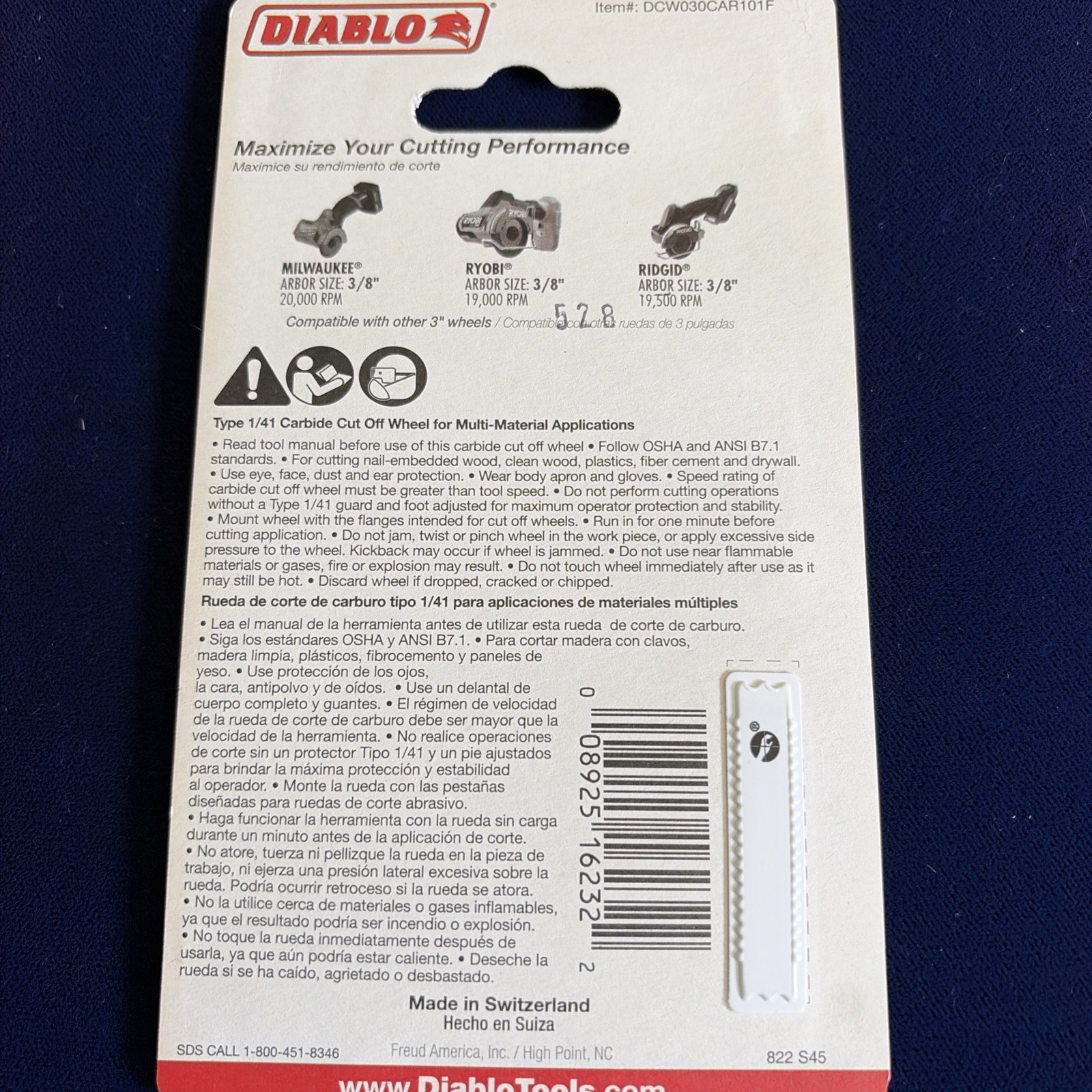 NEW DIABLO DCW030CAR101F 3″ IN. CARBIDE GRIT MULTI-MATERIAL CUT-OFF WHEEL