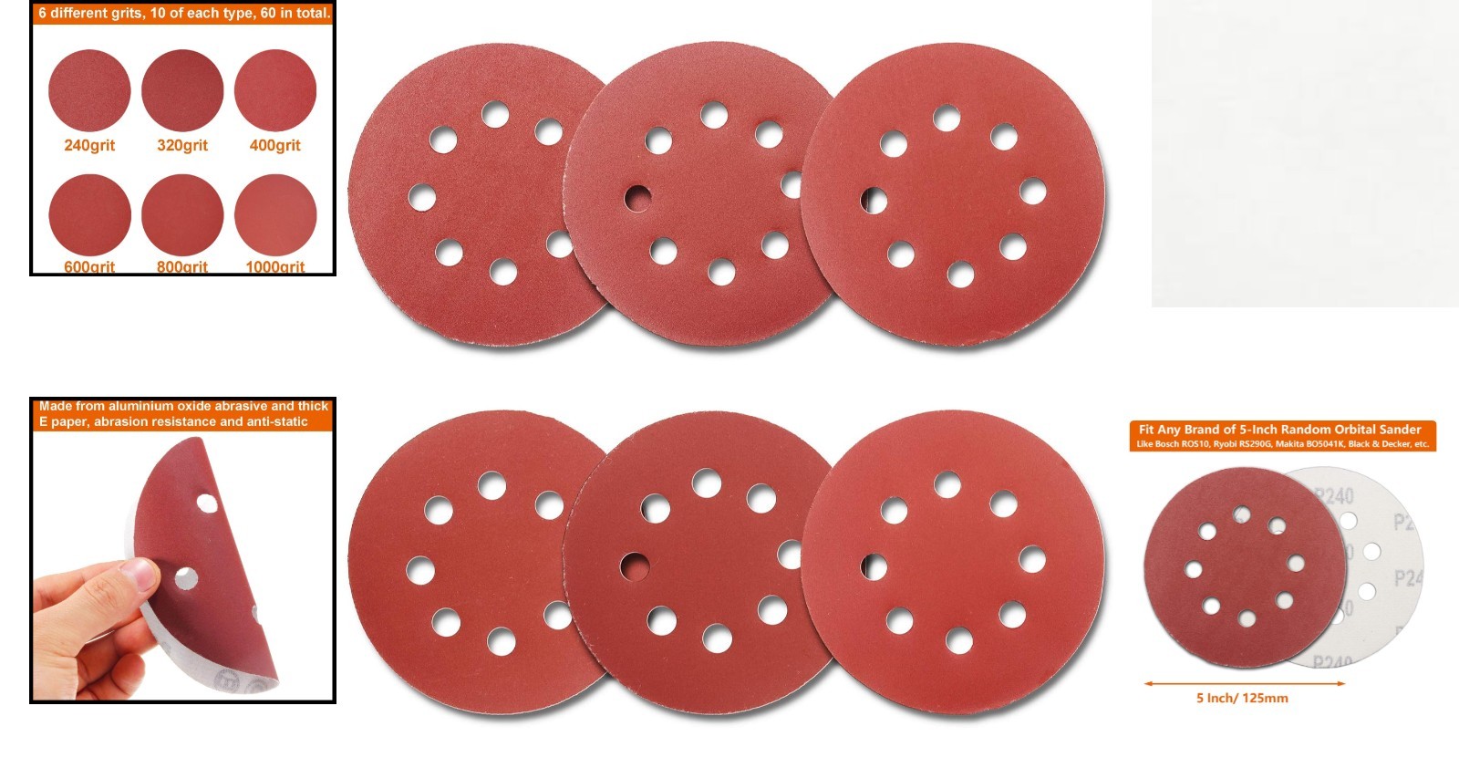 Professional 5 Inch Sandpaper Discs 60 Pcs, Aluminum Oxide for Orbital Sanders