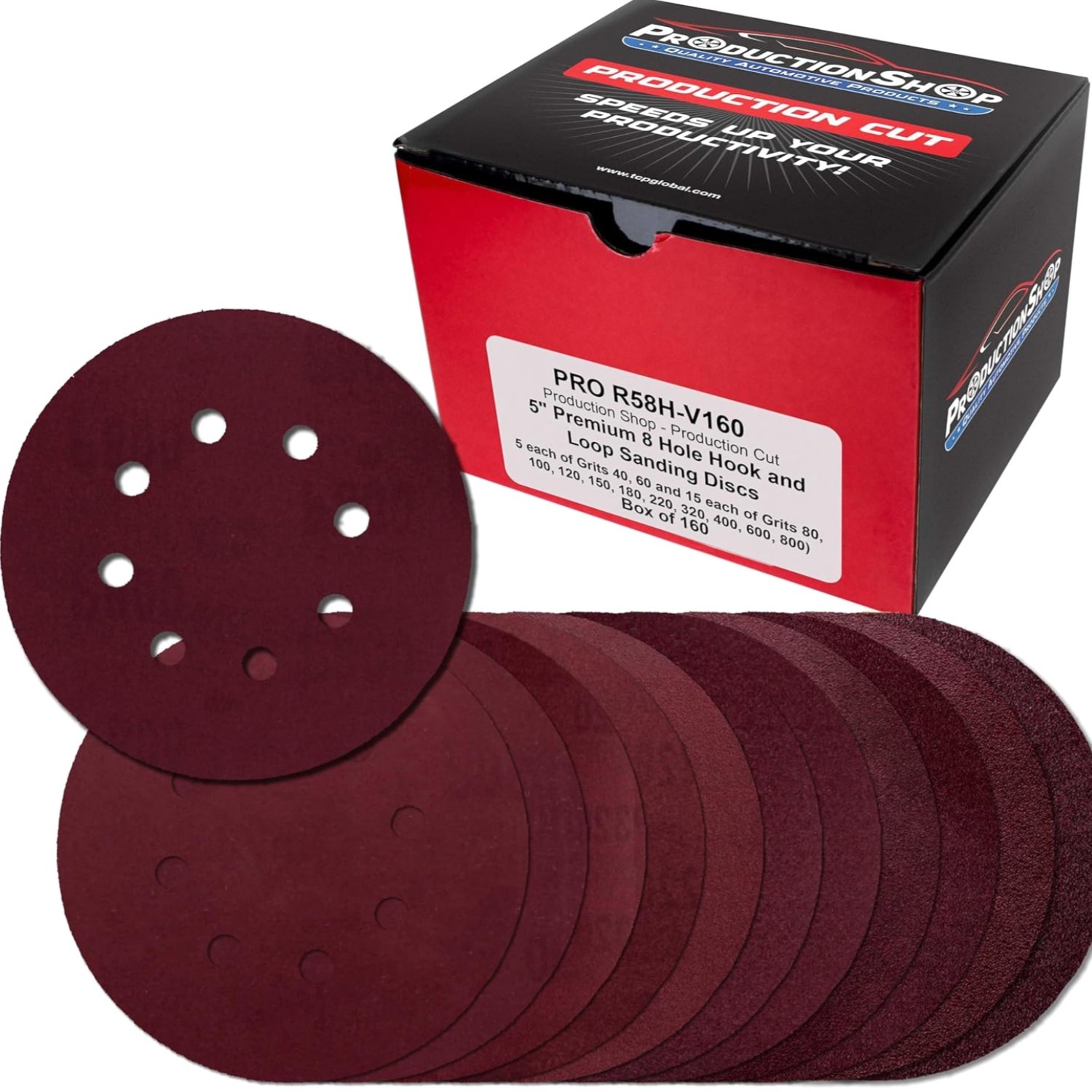 160 Pack 5 inch Sanding Discs 8-Hole Red Variety Pack Grit, Hook ,Loop Sandpaper