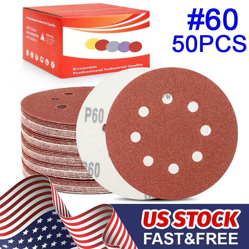 Premium 5″ 8 Hole 60 Grit Sanding Discs 50 Pcs Hook Loop Flocked Sandpaper Pads