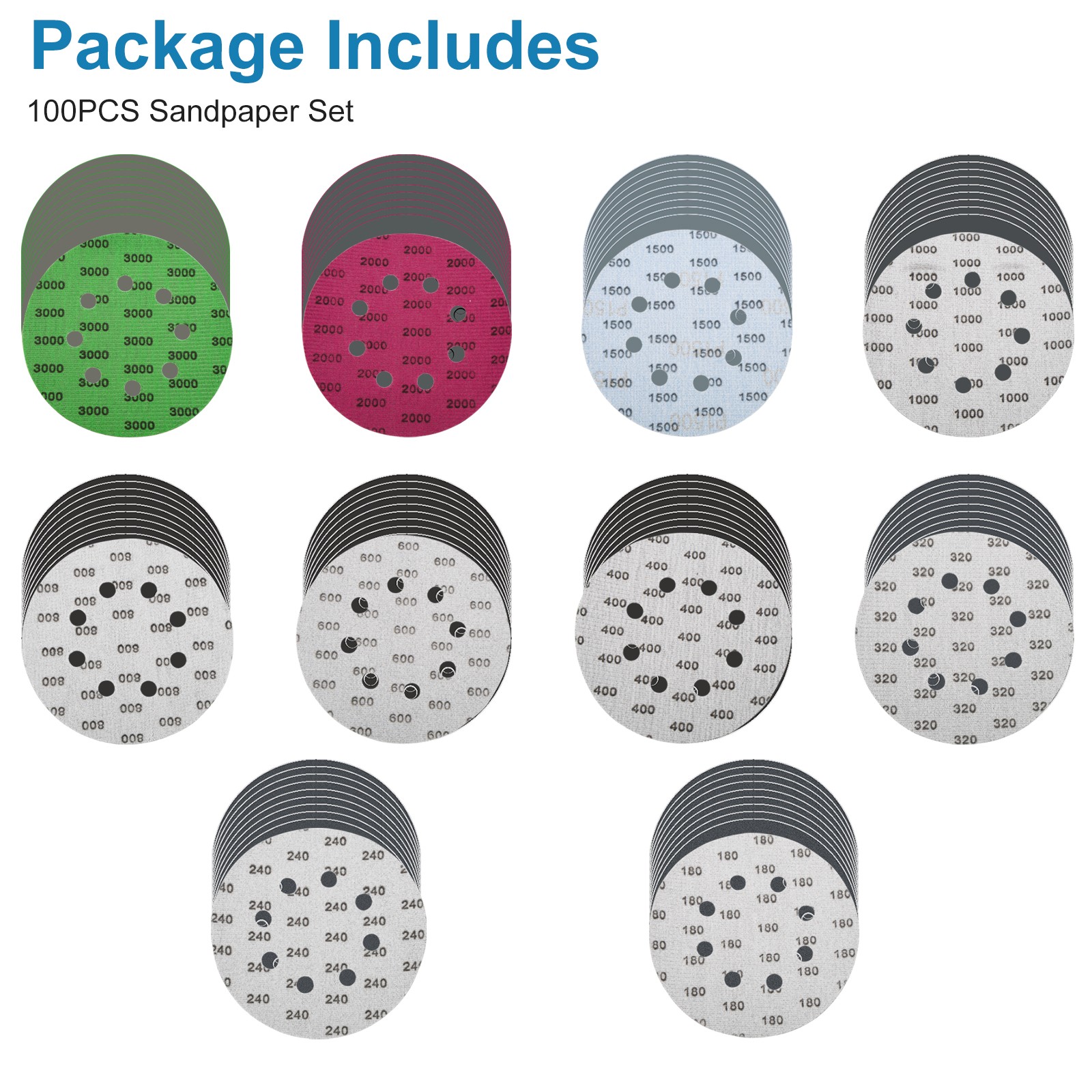 100PCS 5″ Sanding Discs 8 Hole Wet Dry Hook Loop Sandpaper for DA Orbital Sander