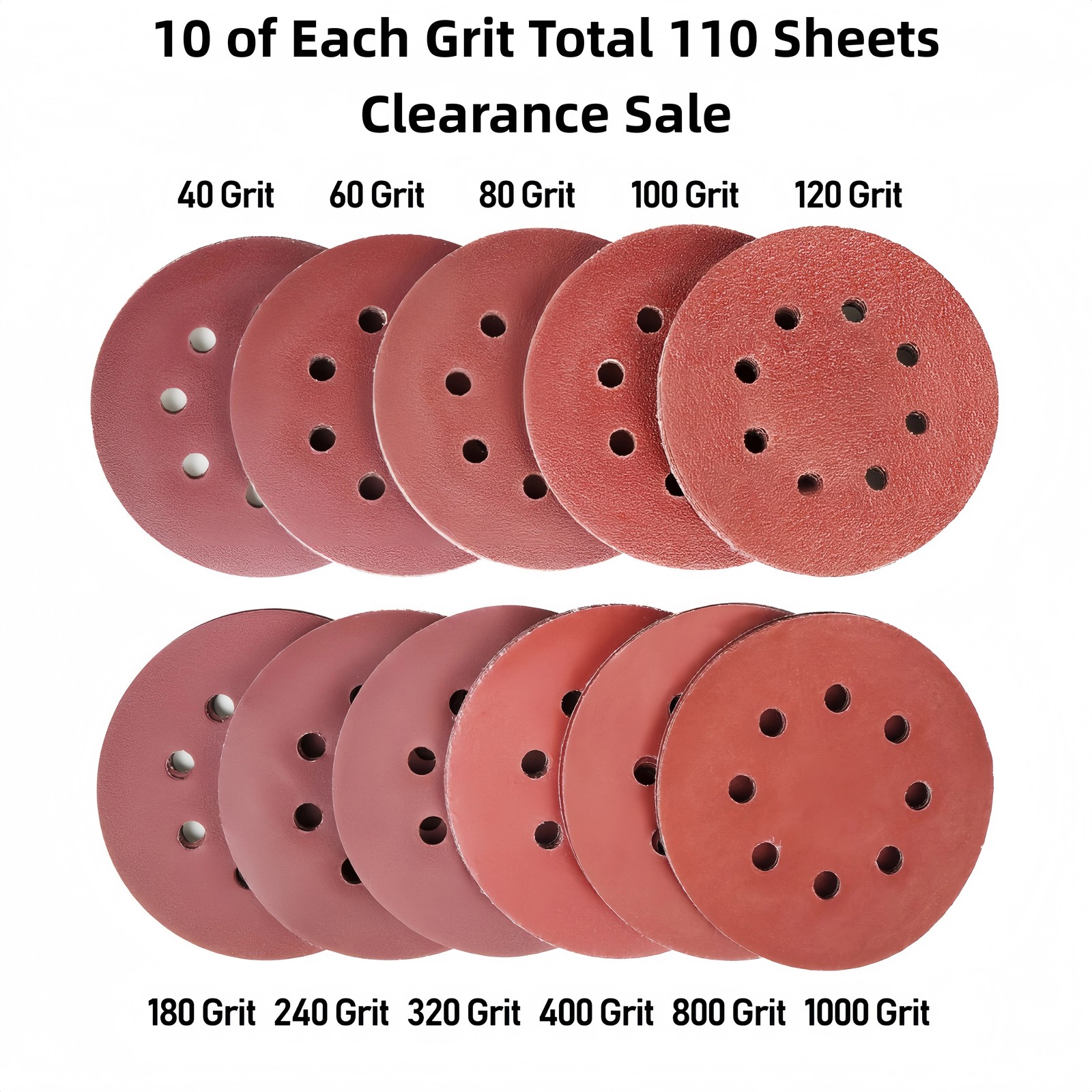 110Pcs 5in 8 Hole Sanding Discs Orbital Sandpaper Hook and Loop Assortment Grit