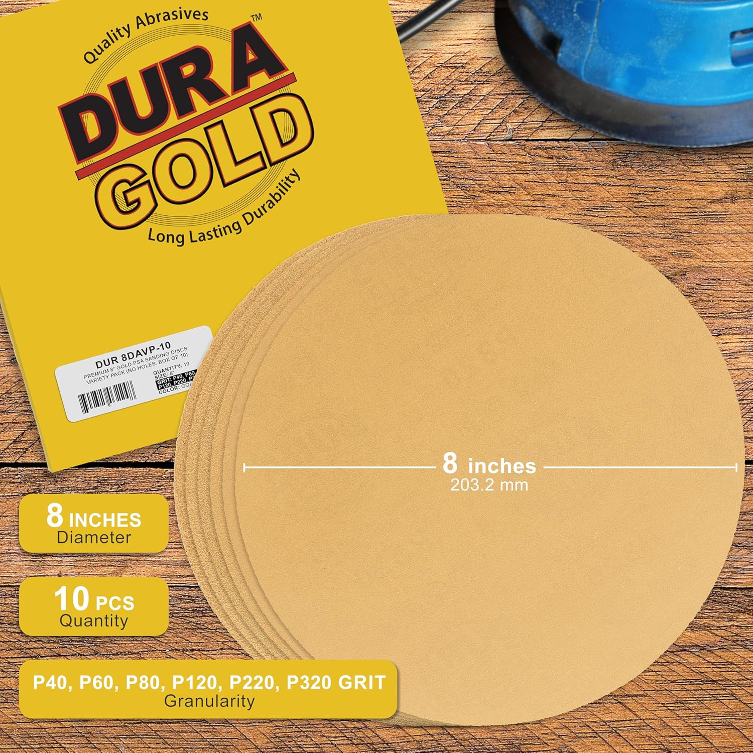 Dura-Gold Premium 40, 80, 120, 220, 320 Grit 8″ Gold PSA Sanding Discs, 2 Each,