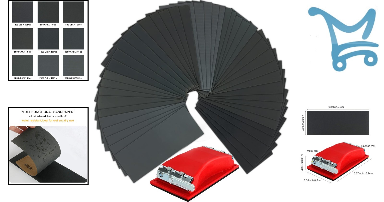 90 Pcs Wet Dry Sandpaper Assortment Grit 400-3000 with Red Handle for Auto Wo…
