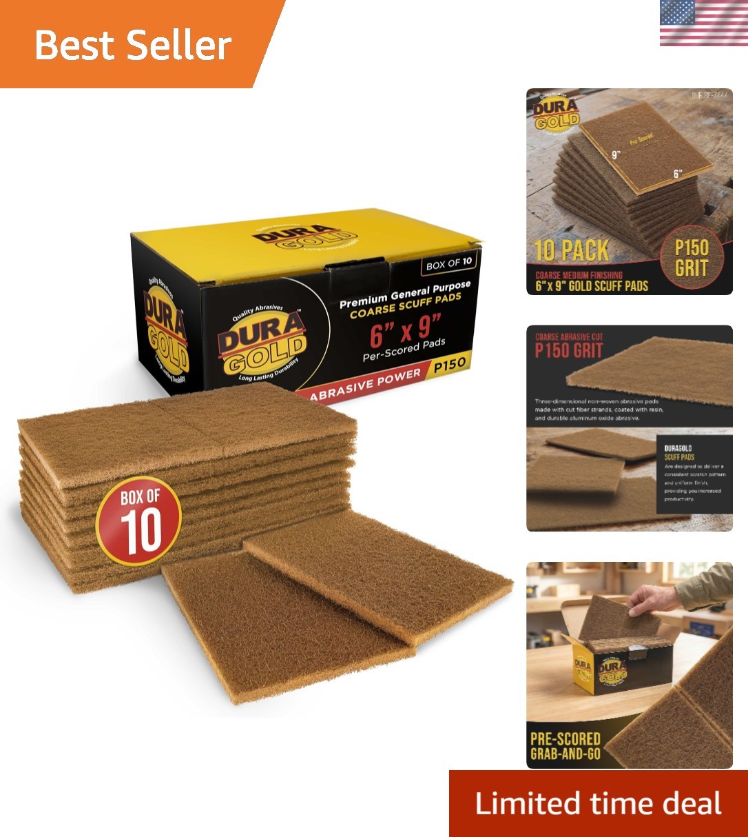 Aluminum Oxide Scuff Pads – 6″ x 9″ Gold Coarse for Precision Sanding, 10-Pack
