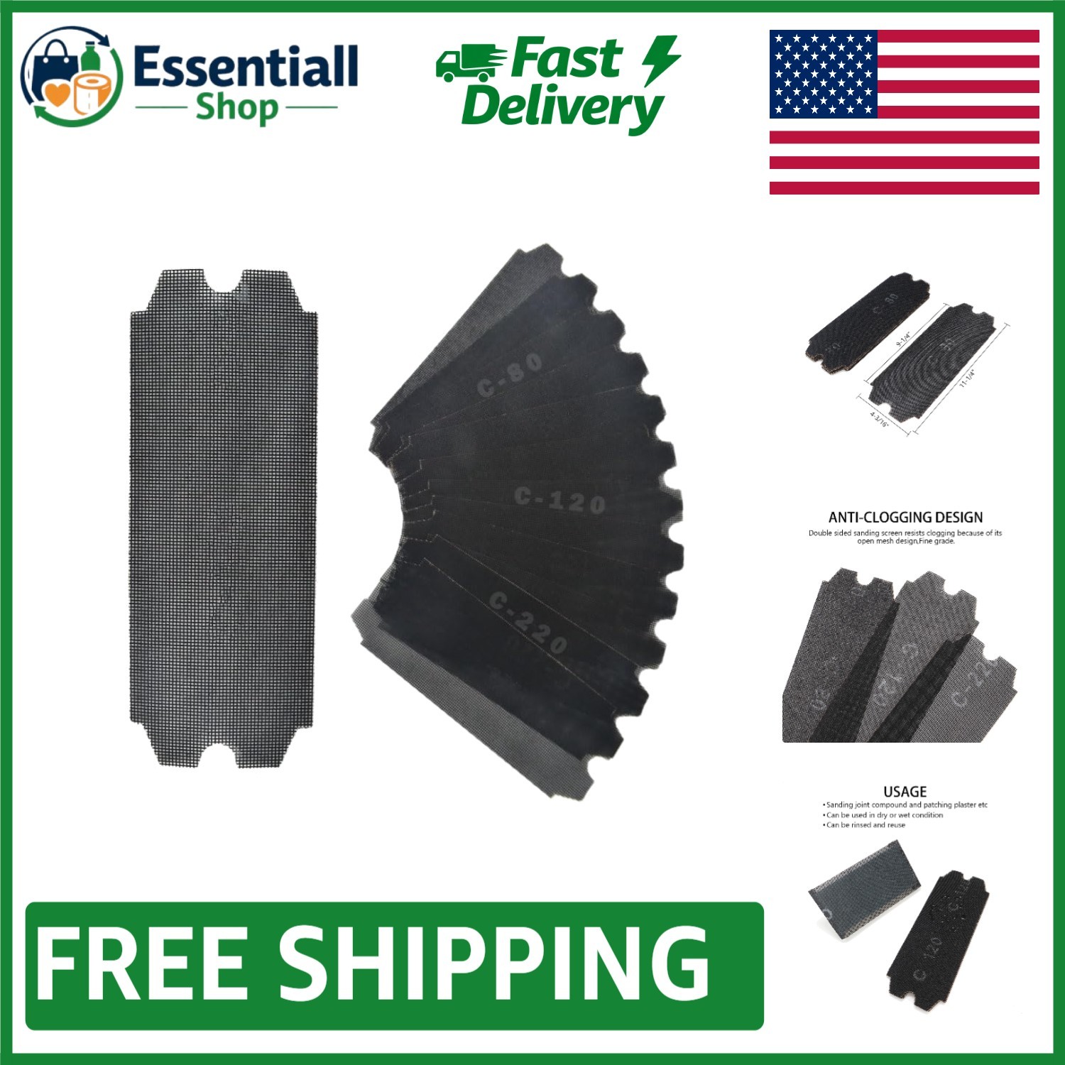 Fine Grit Drywall Sanding Mesh 4-3/16″ x 11-1/4″ – Resists Clogging, 18 Pcs