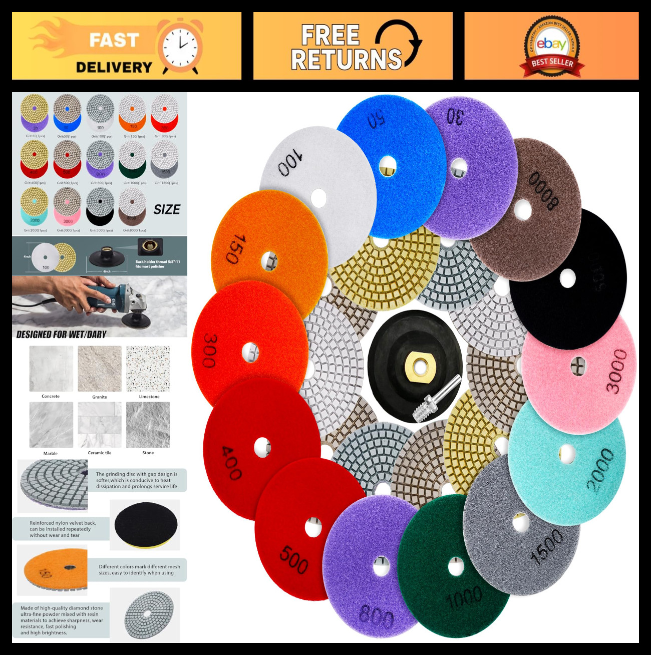 16PCS 4″ Diamond Polishing Pads Set for Granite, Marble, Concrete – Wet/Dry Kit,