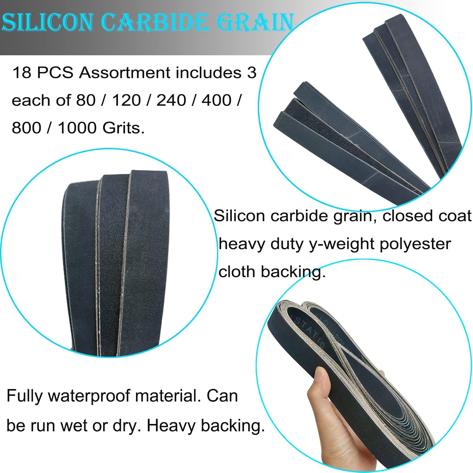 18 PCS 1 x 42 Inch Silicon Carbide Sanding Belts Assortment- 80, 1×42, Black
