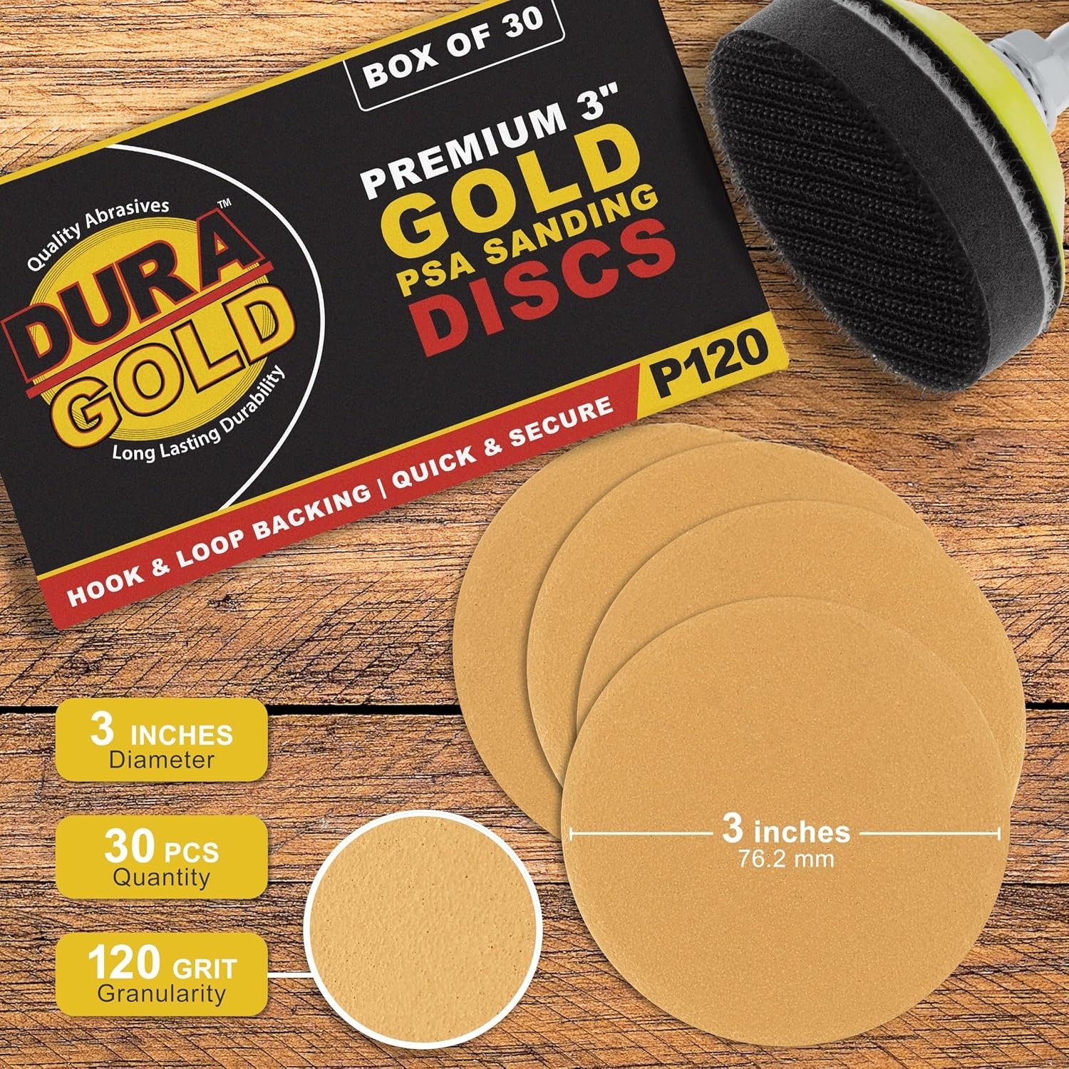 – 120 Grit 3″ Gold Hook & Loop Sanding Discs for DA Sanders – Box of 30 Sandp…