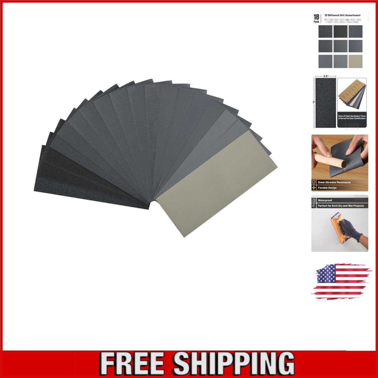 Professional Quality Sandpaper 18 Pack – Ideal for Metal, Wood, Automotive Work