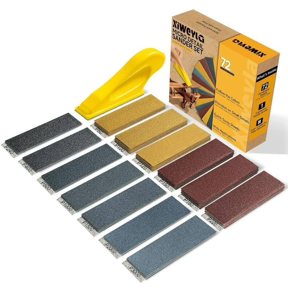 72 PCS Sandpaper Set with Ergonomic Hand Sander and Detail Sander 13 Grit Levels