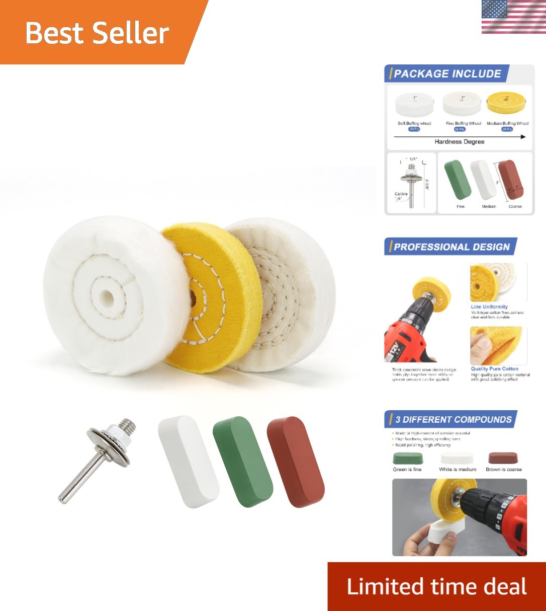 3-Inch Buffing Polishing Wheel Set with Cotton Compounds for Handheld Drills
