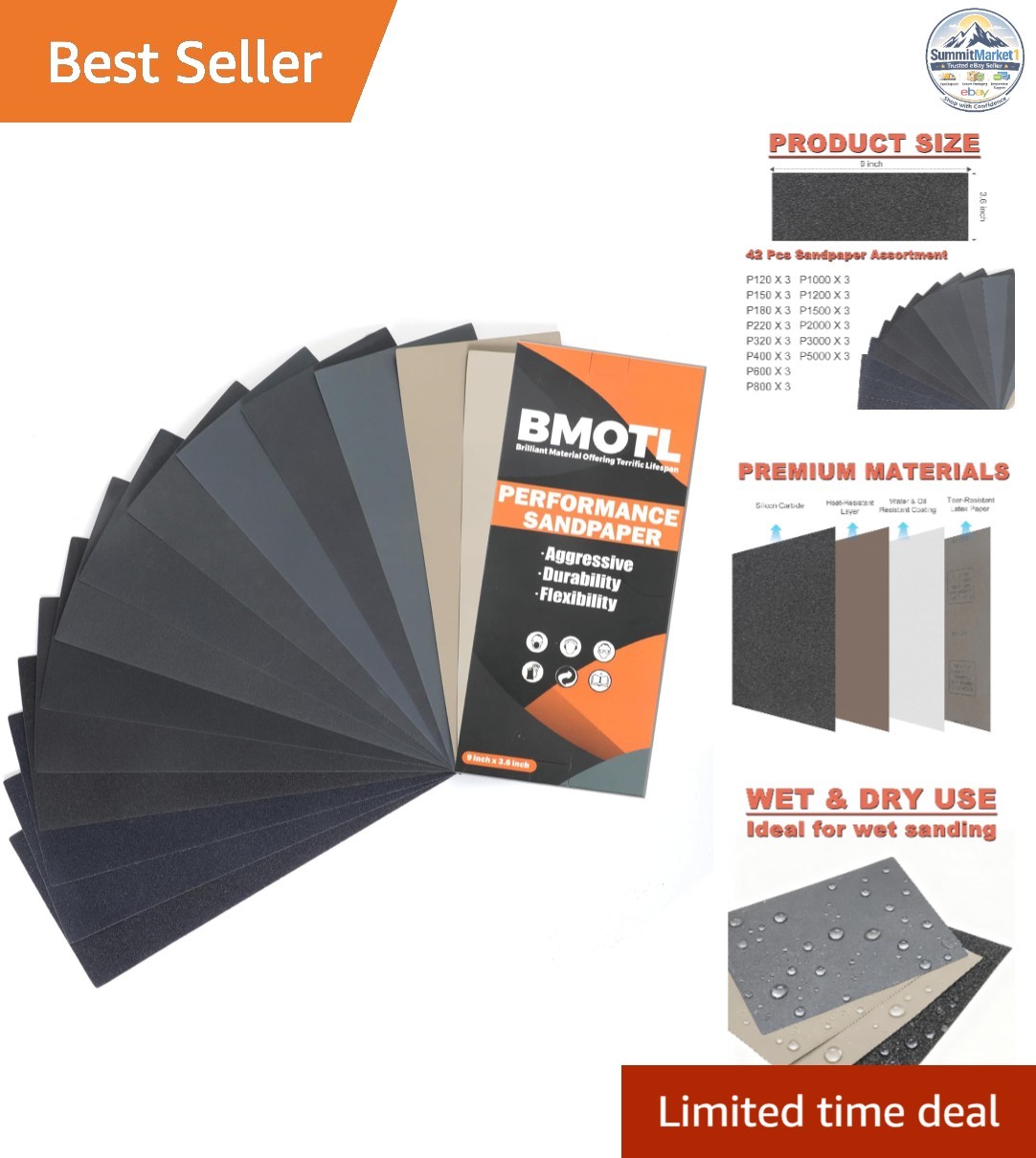 Wet Dry Sandpaper Sheets 9×3.6, 42Pcs Assorted Grit 120-5000