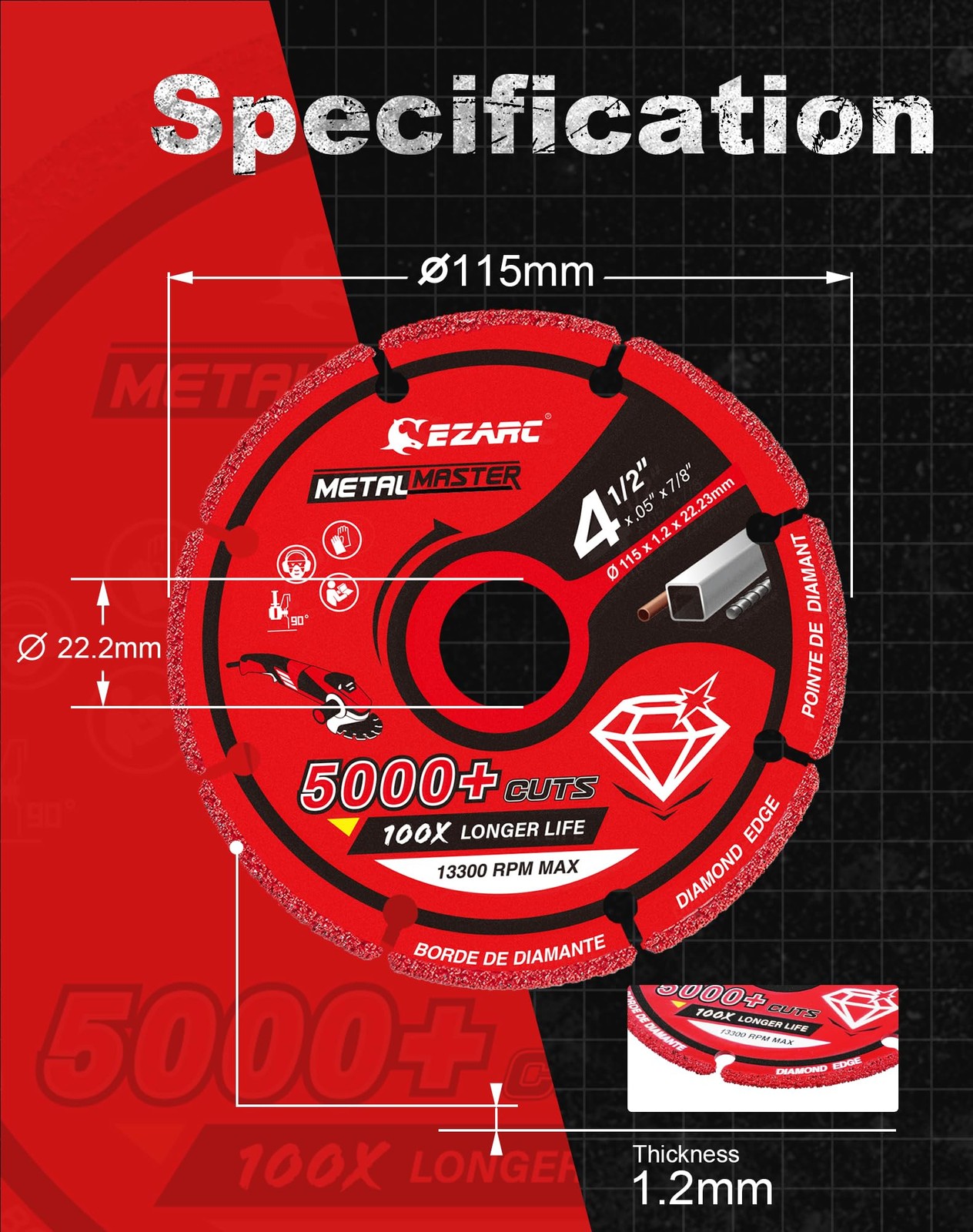EZARC Diamond Cutting Wheel 4 1/2 x 7/8 Inch for Metal, Cut Off 115mm, Red
