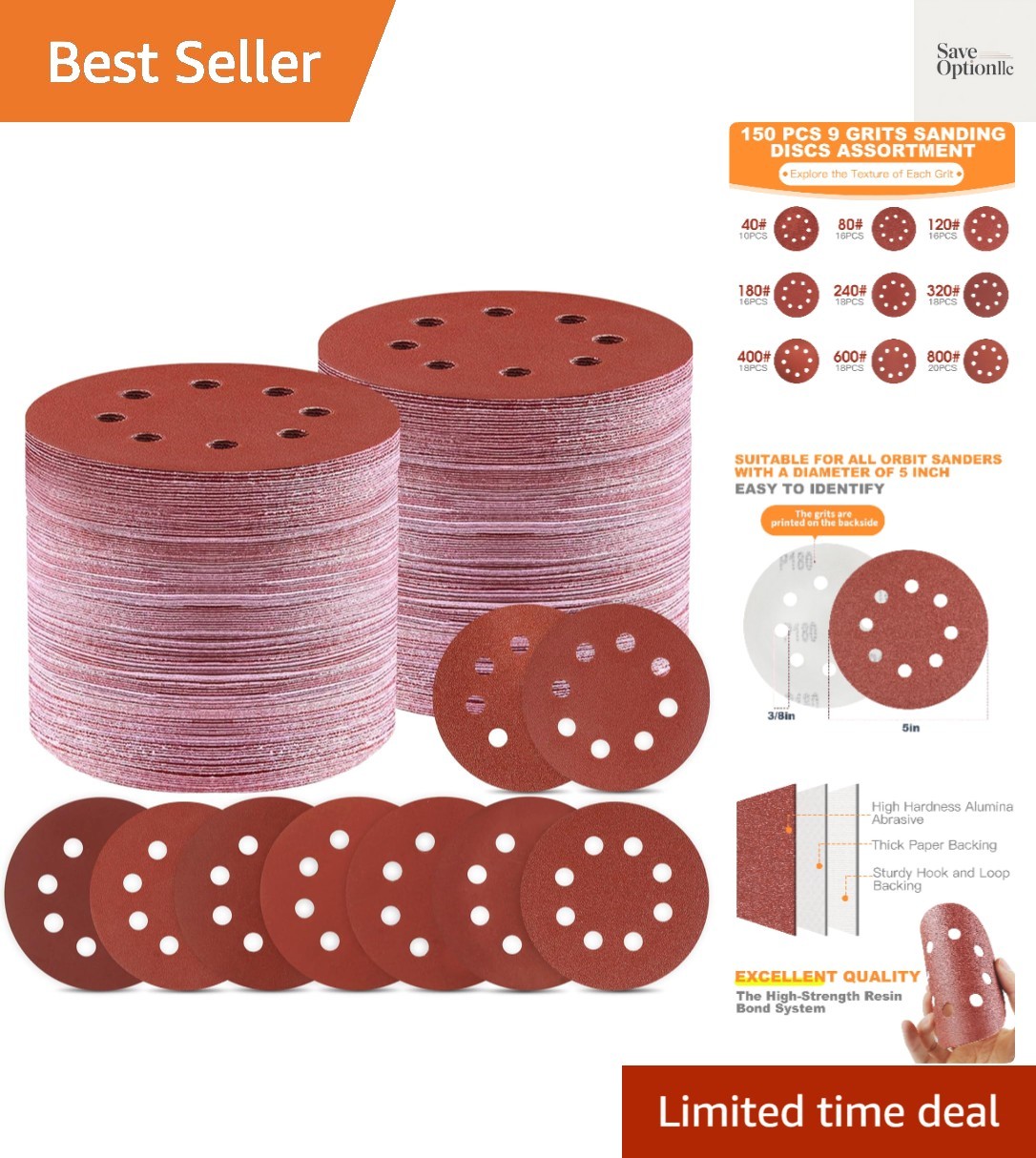 150 PCS 5 Inch Sanding Discs, 9 Grits Orbital Sander Pads | 40 80 120 180 24…