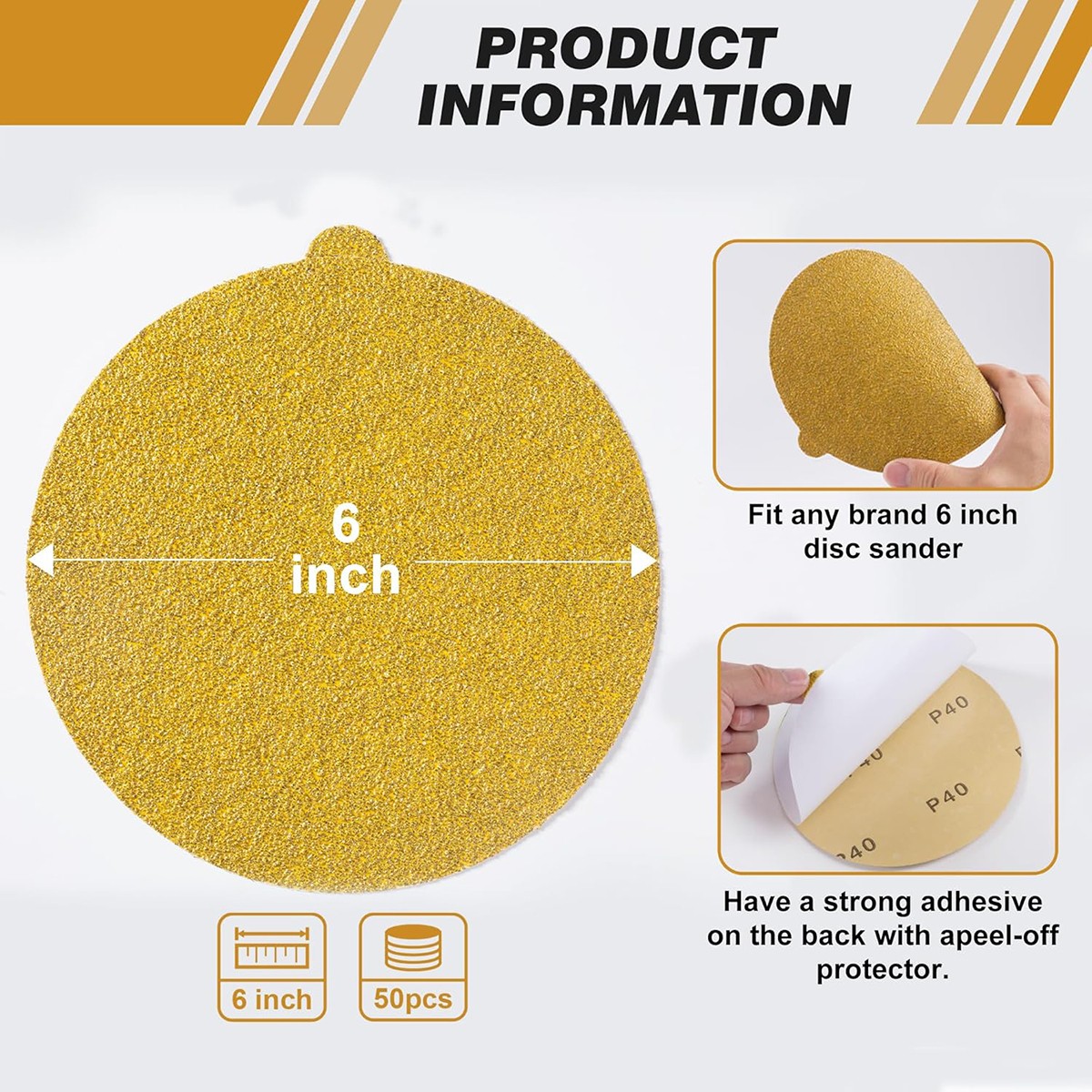 6 inch PSA Sanding Disc Sandpaper 50/Roll Adhesive Sticky Back 40Grit Sand Paper
