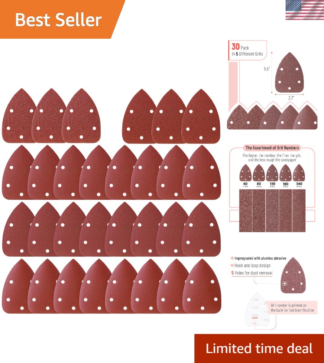 30 High-Quality Sanding Pads for Mouse Sanders – 40/80/120/180/240 Grit