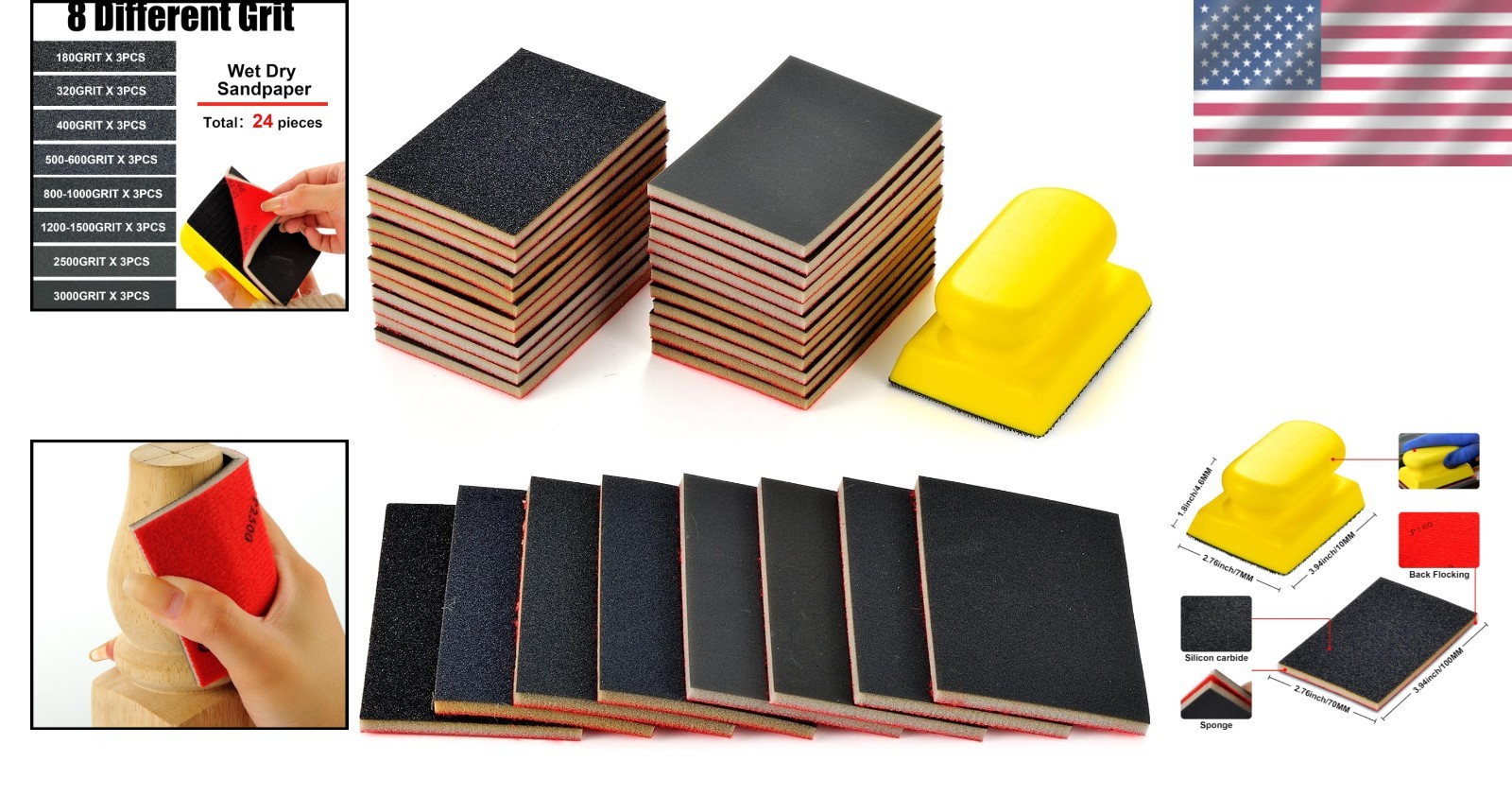 Sandpaper Sponge Set 24PCS Grit 180-3000 Wet Dry Foam Hand Sander Block
