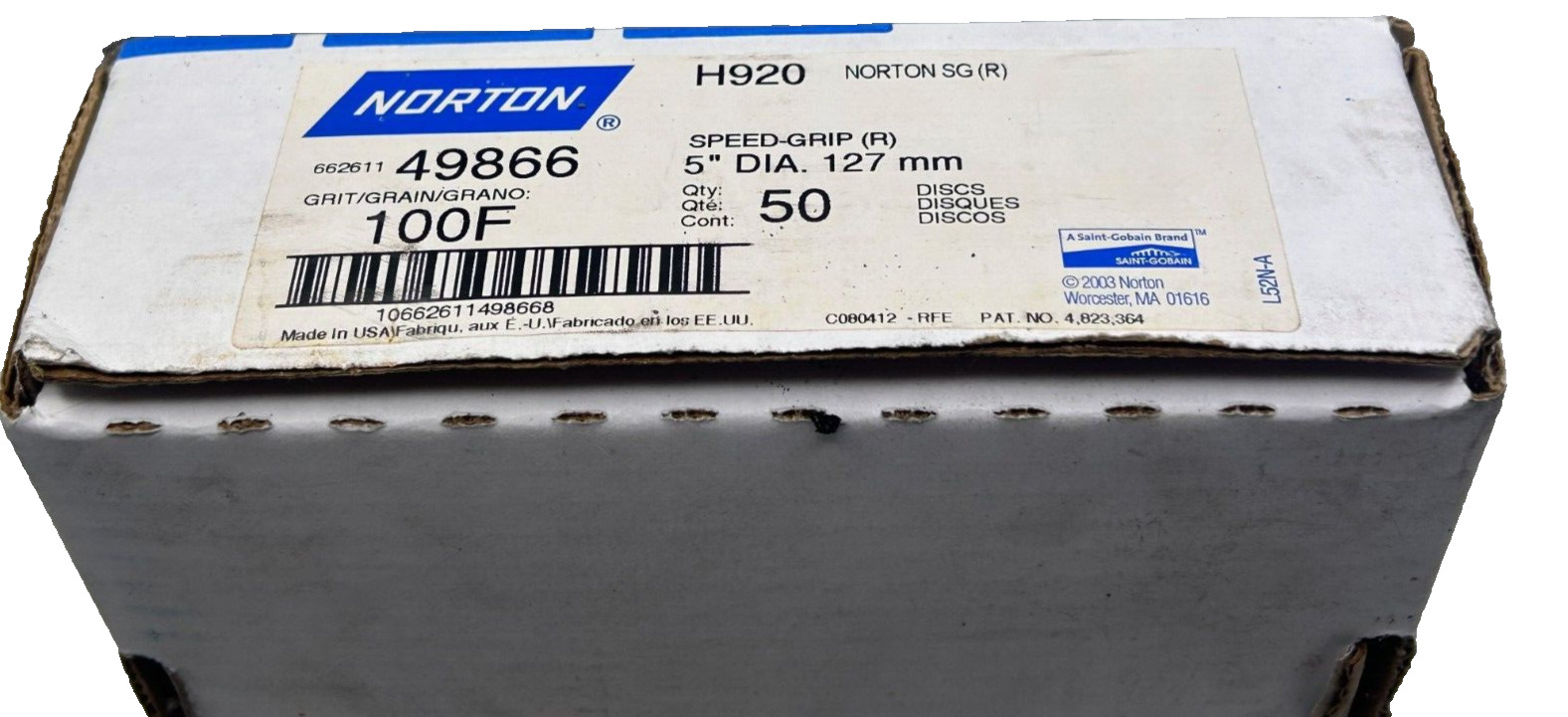 Norton SG H920 49866 100F SPEED-GRIP (R) 5″ DIA. 127 mm Qty:50 Sanding Disc New