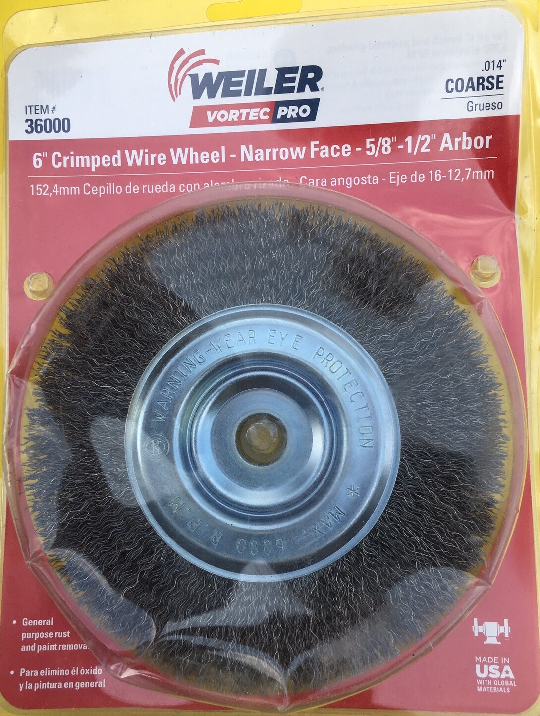 Weiler Vortec Pro 6 in.Coarse Crimped Wire Wheel Brush 5/8-1/2 Arbor Hole USA