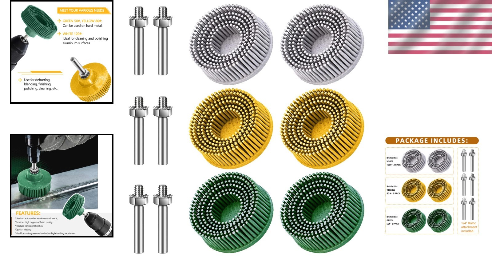 6 Pack 2 Inch Bristle Discs with 1/4″ Shank – Durable Coating Removal for Metal