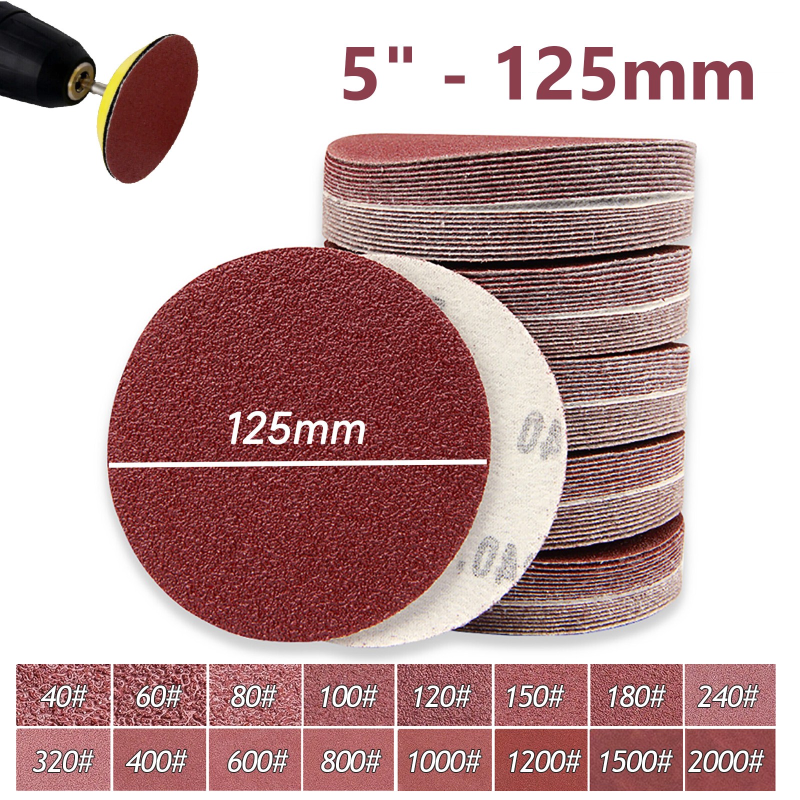 Hook & Loop 125mm 5 inch 5″ Sanding Disc Orbital Plain Pad 40 Grit – 2000 Grit