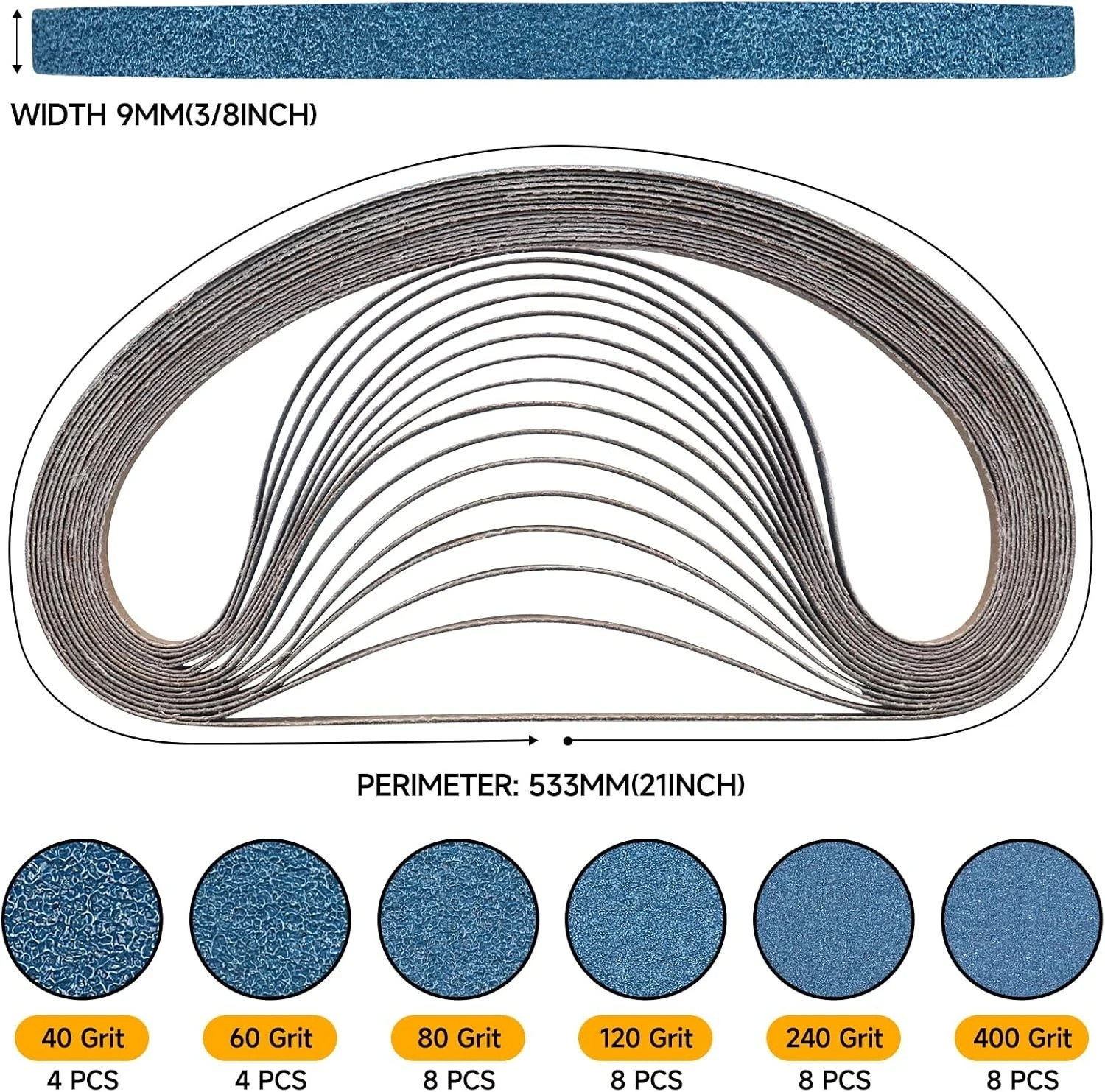 40-Piece 3/8 x 21 Inch 40-400 Grit Zirconia Sanding Belts, Heavy Duty Long-lasti